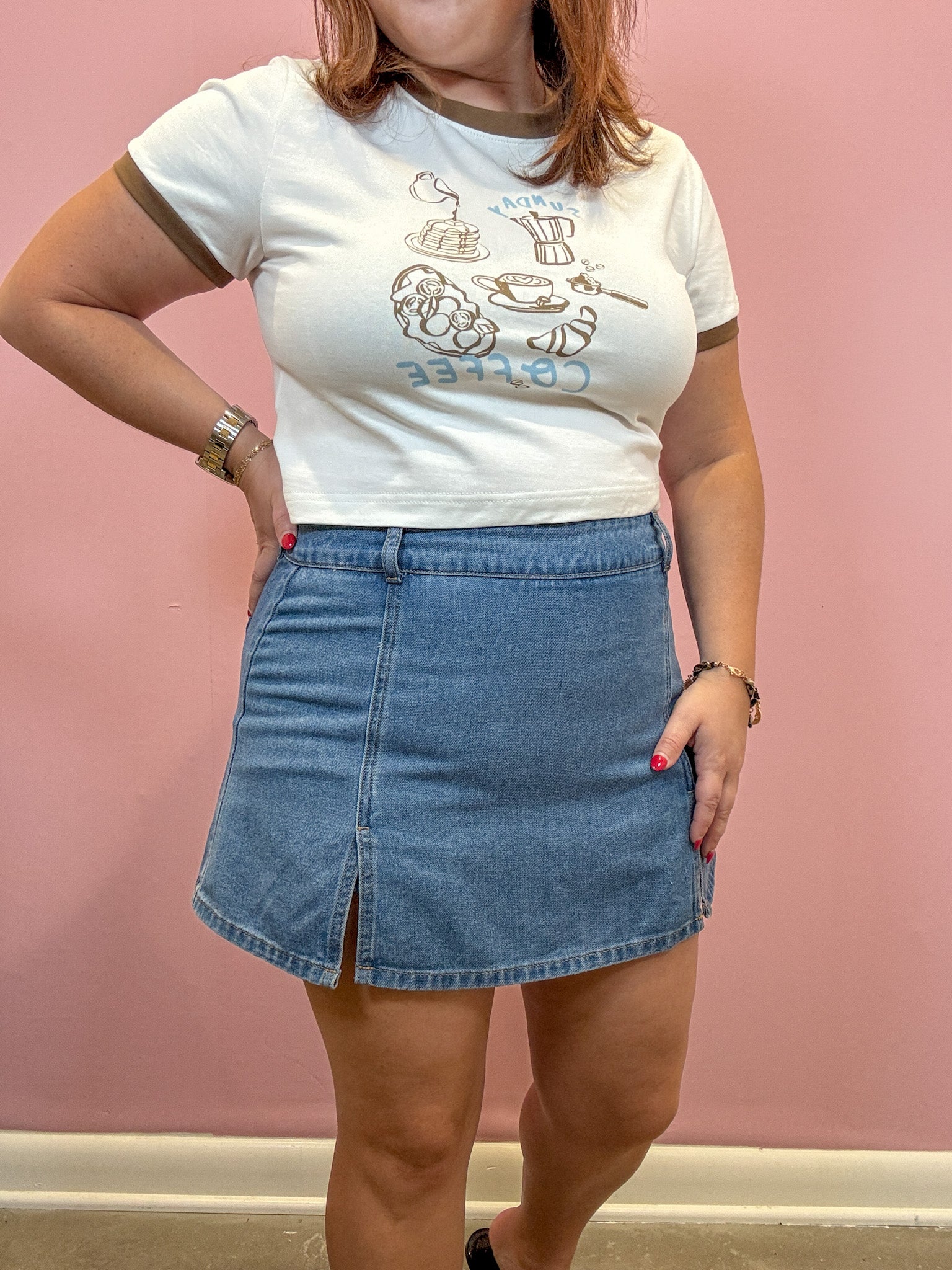Denim Mini Skort With Front Slit | Medium Wash