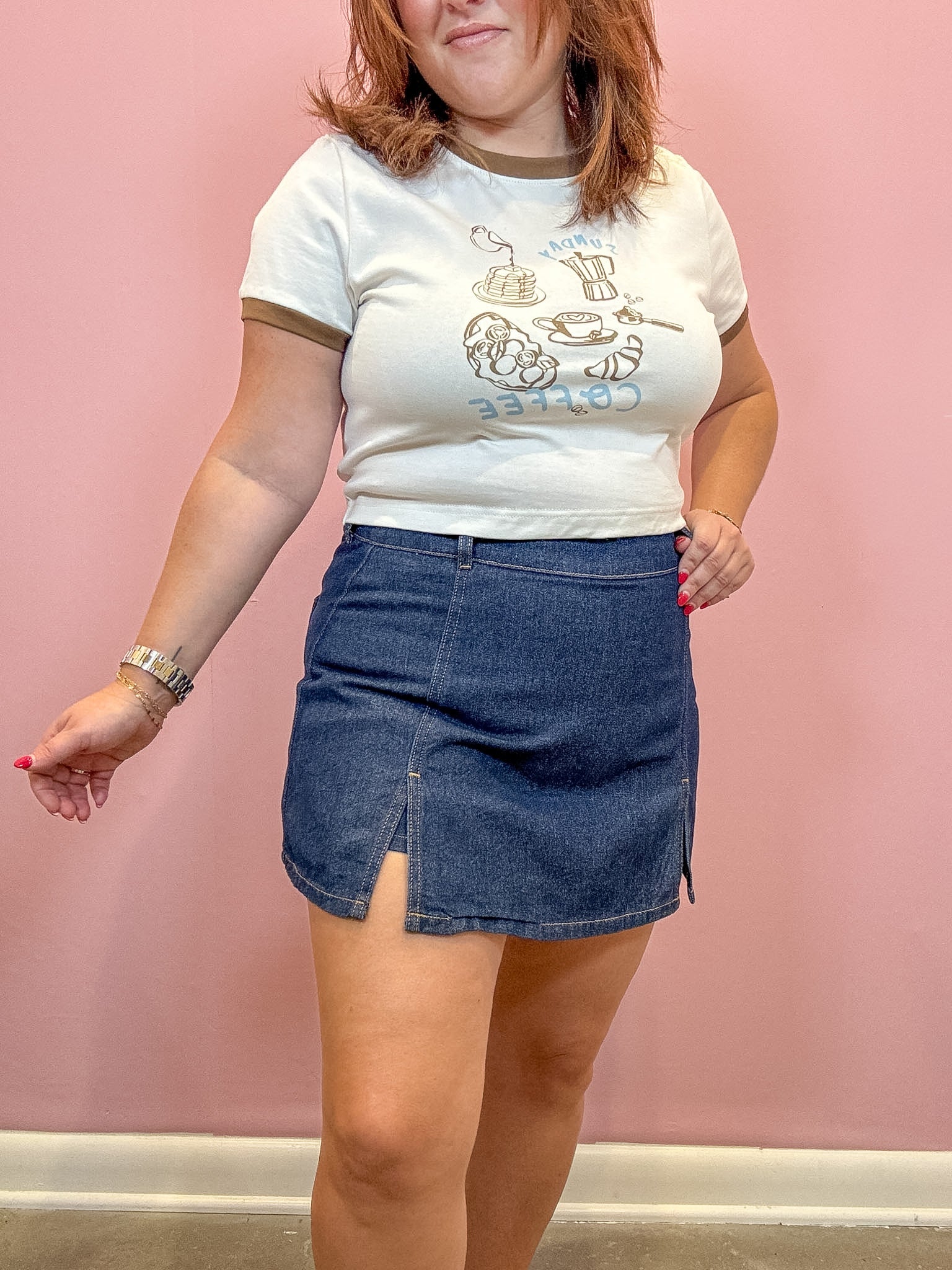 Denim Mini Skort With Front Slit | Dark Wash