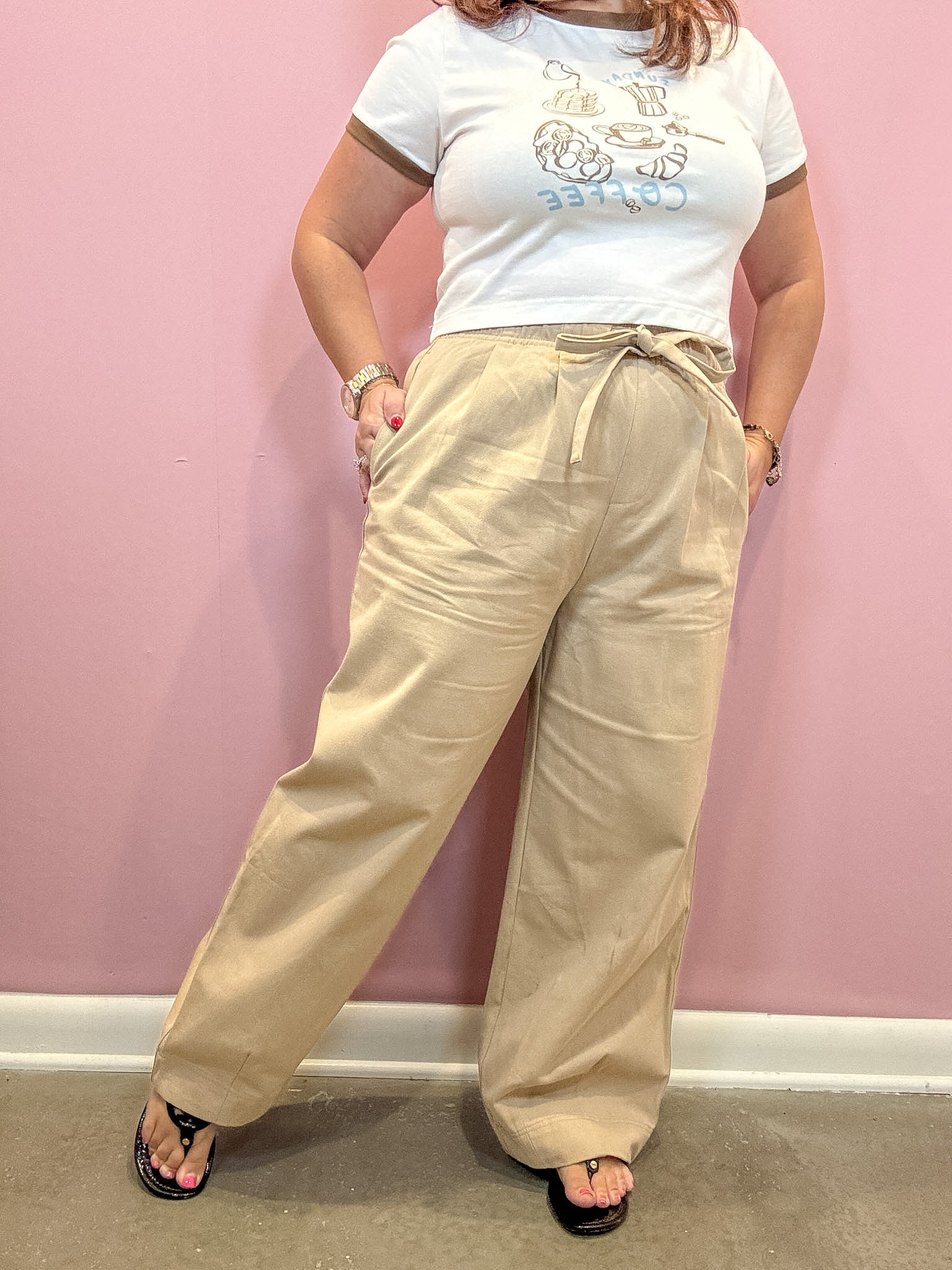 Khaki Wide Leg Pants With Drawstring Tie