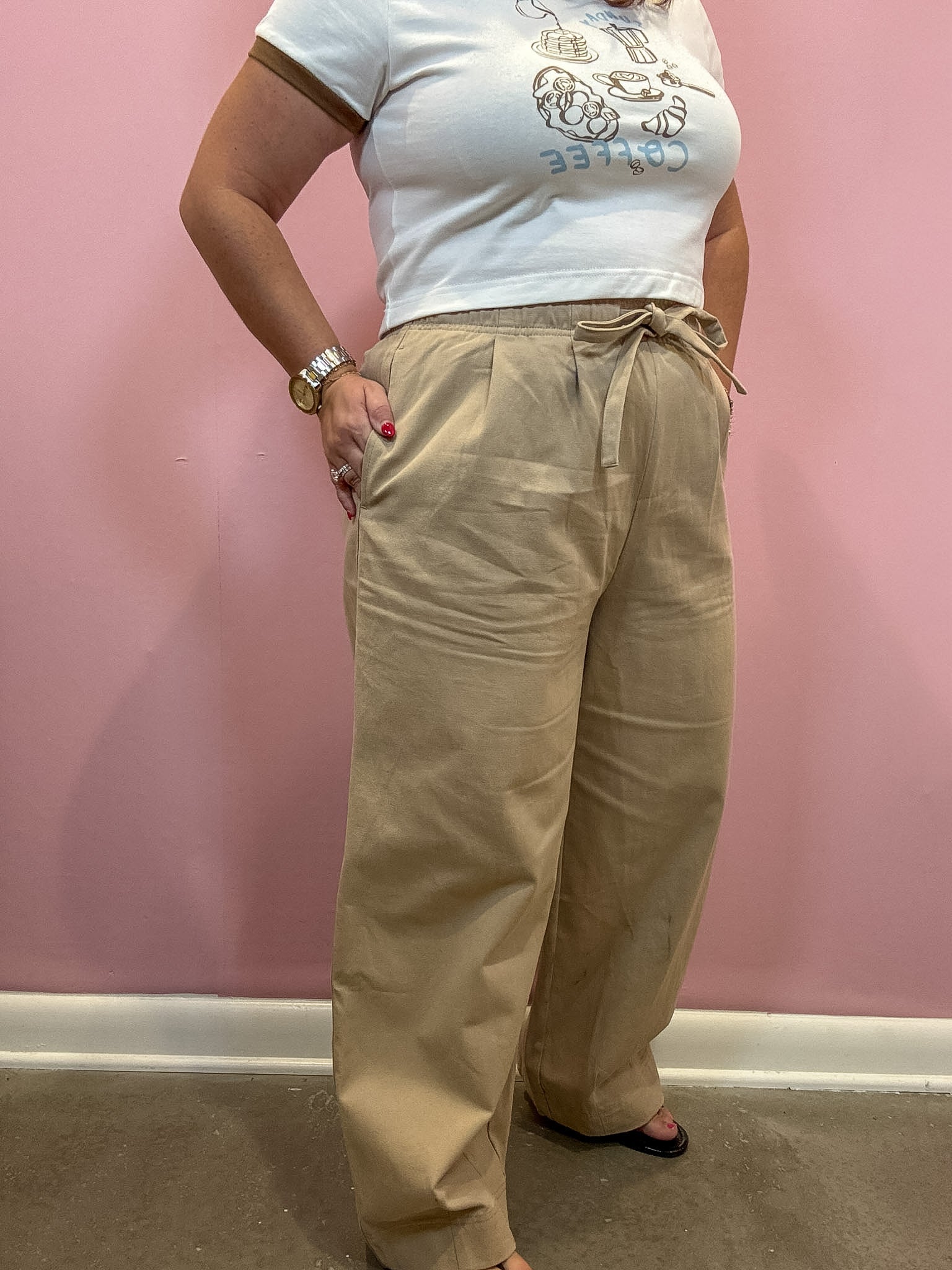 Khaki Wide Leg Pants With Drawstring Tie