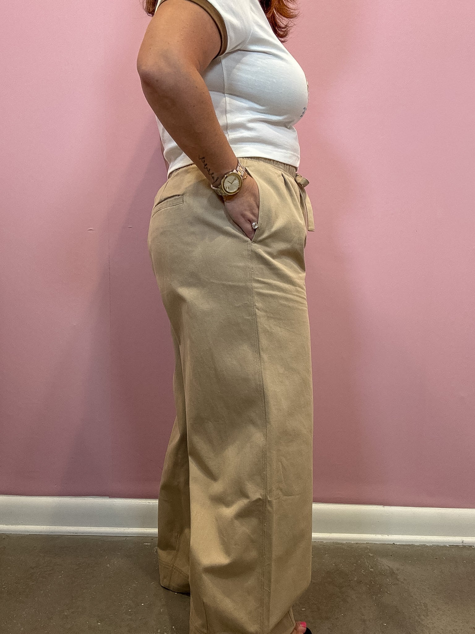 Khaki Wide Leg Pants With Drawstring Tie