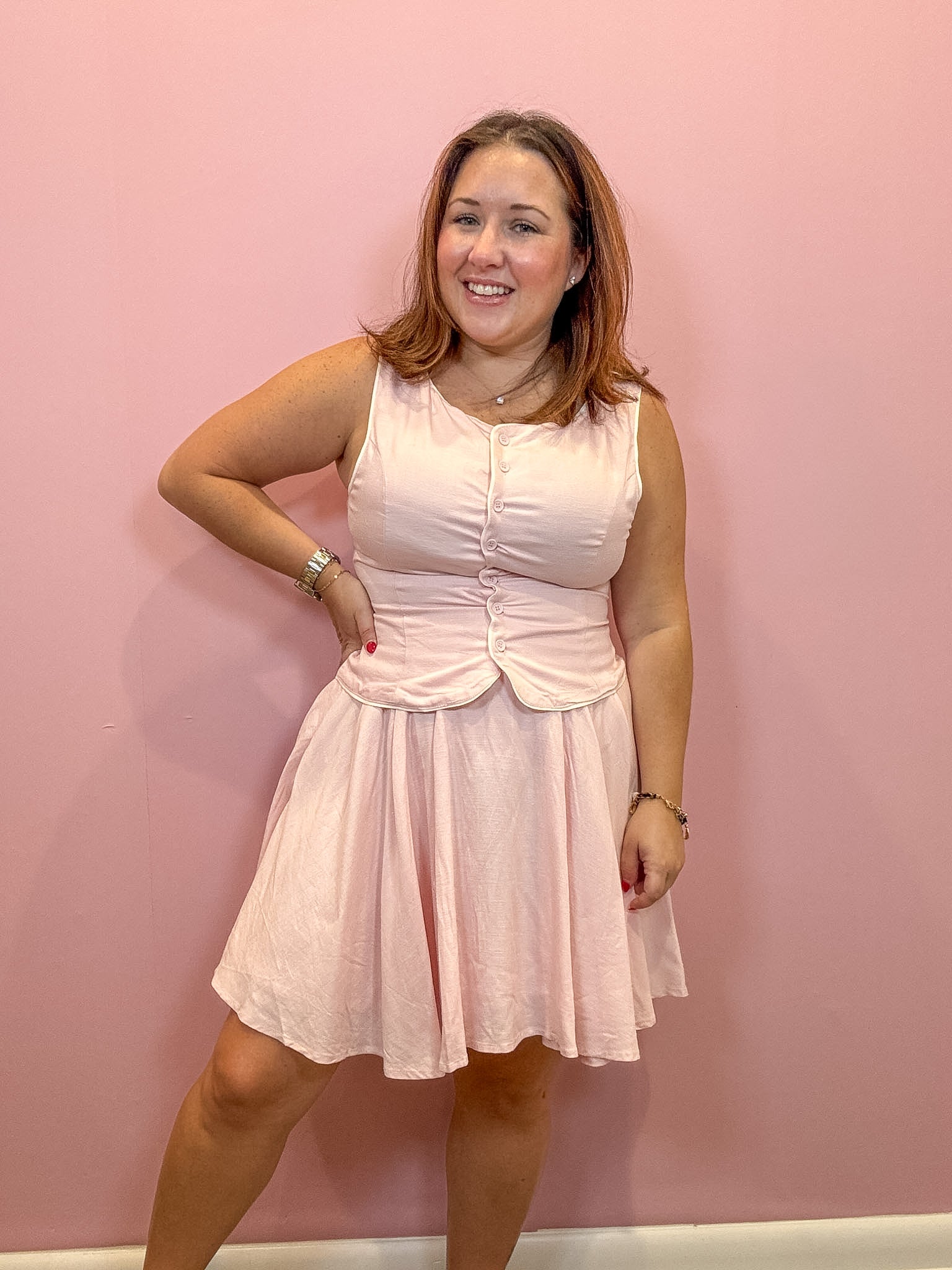 Pink Button Down Linen Vest with white piping