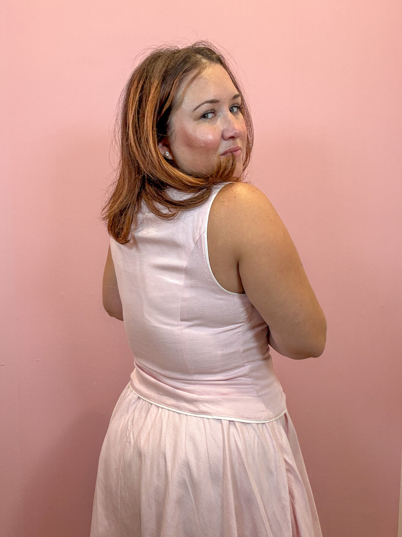 Pink Button Down Linen Vest with white piping