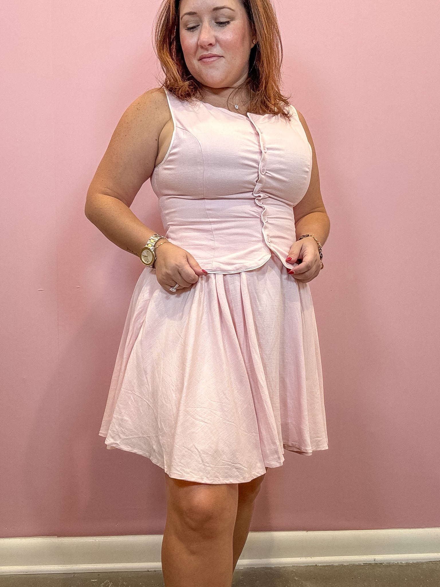 Light Pink with White Piping Pleated Skirt