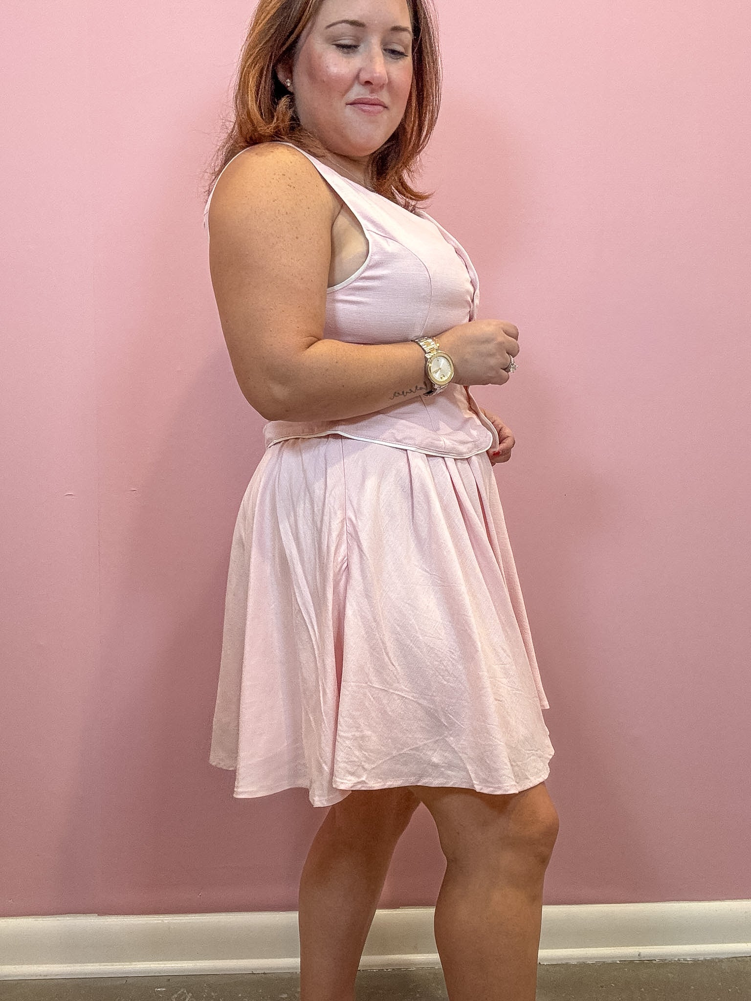 Light Pink with White Piping Pleated Skirt