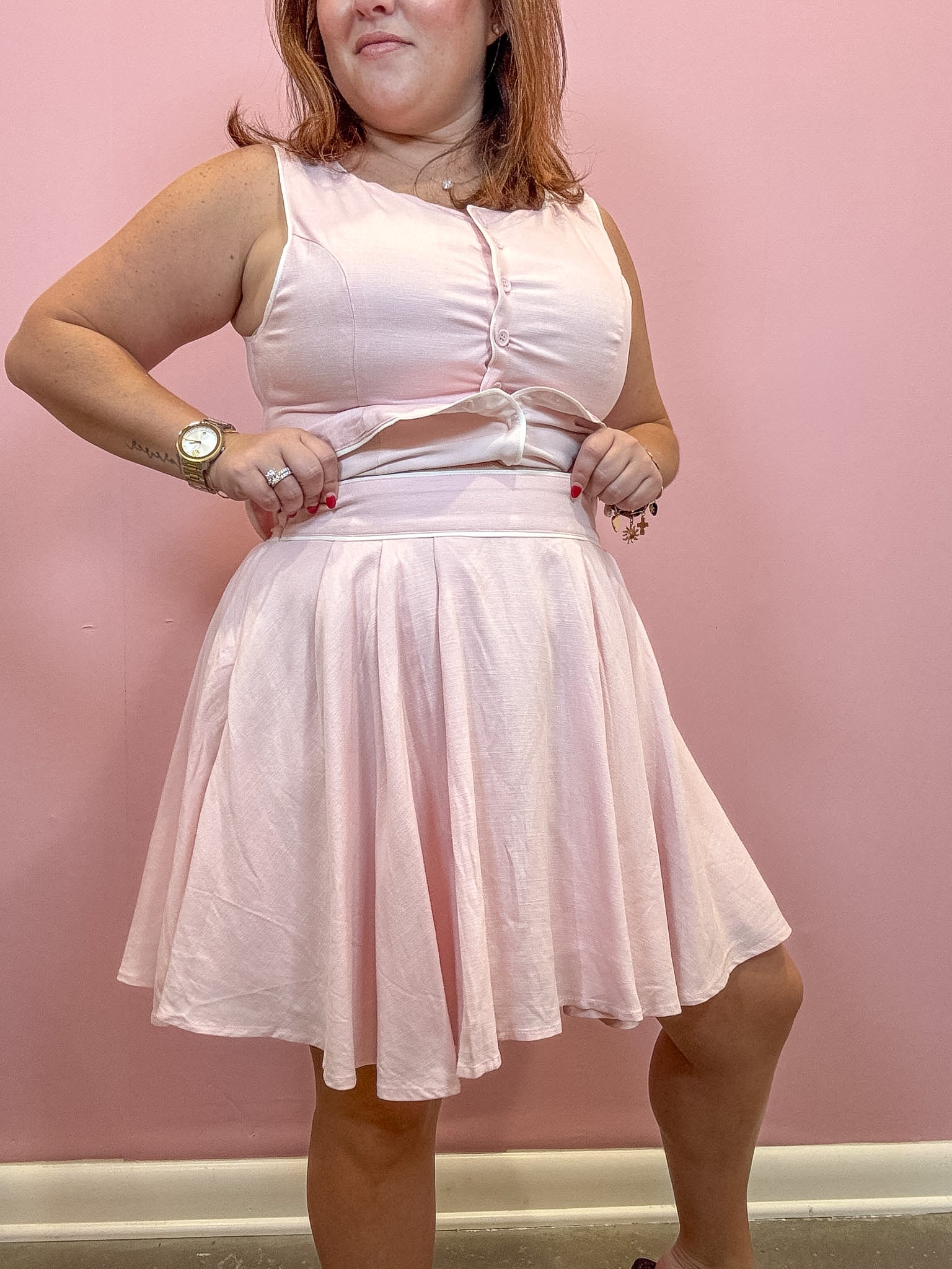 Light Pink with White Piping Pleated Skirt