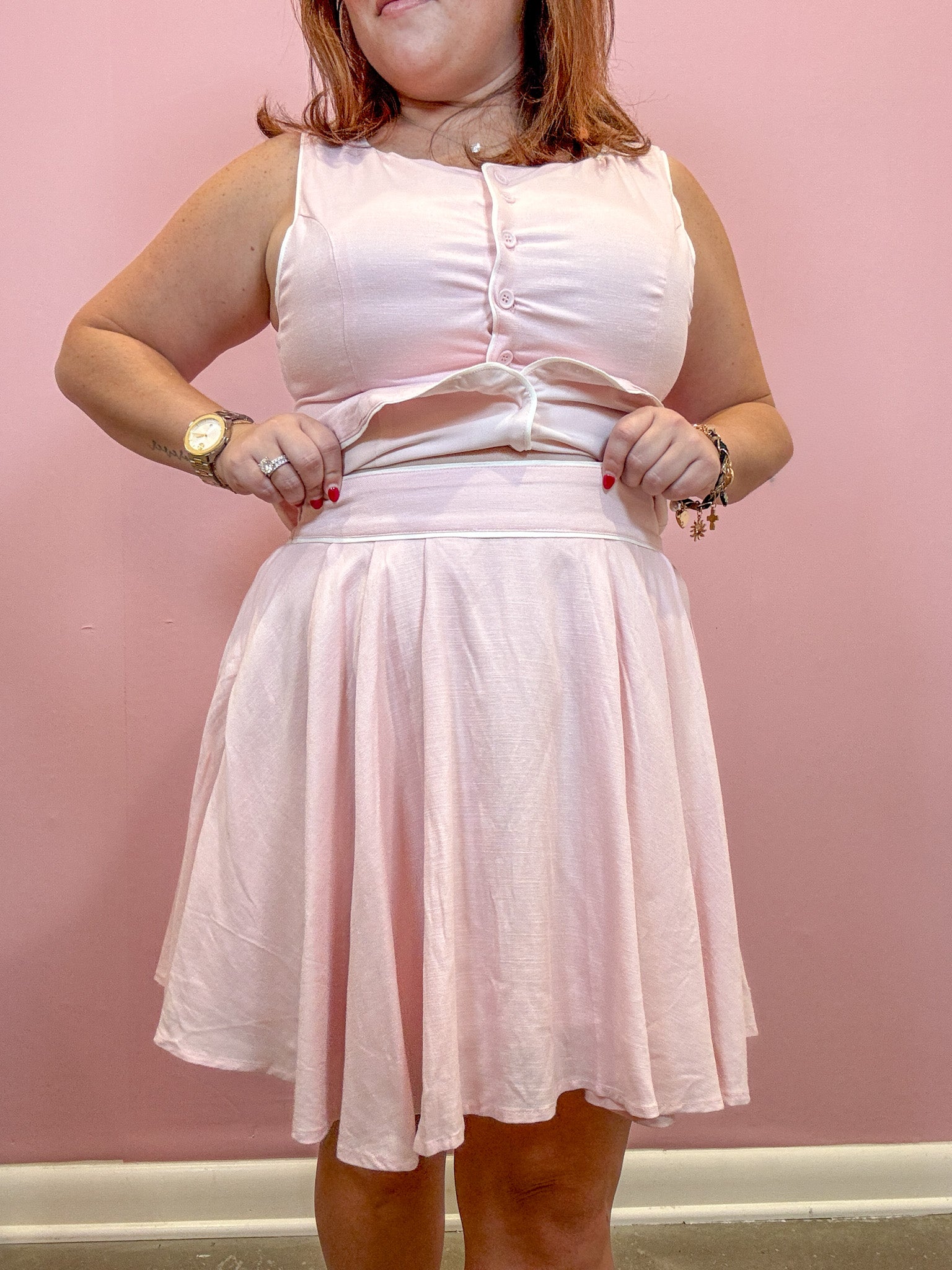 Light Pink with White Piping Pleated Skirt