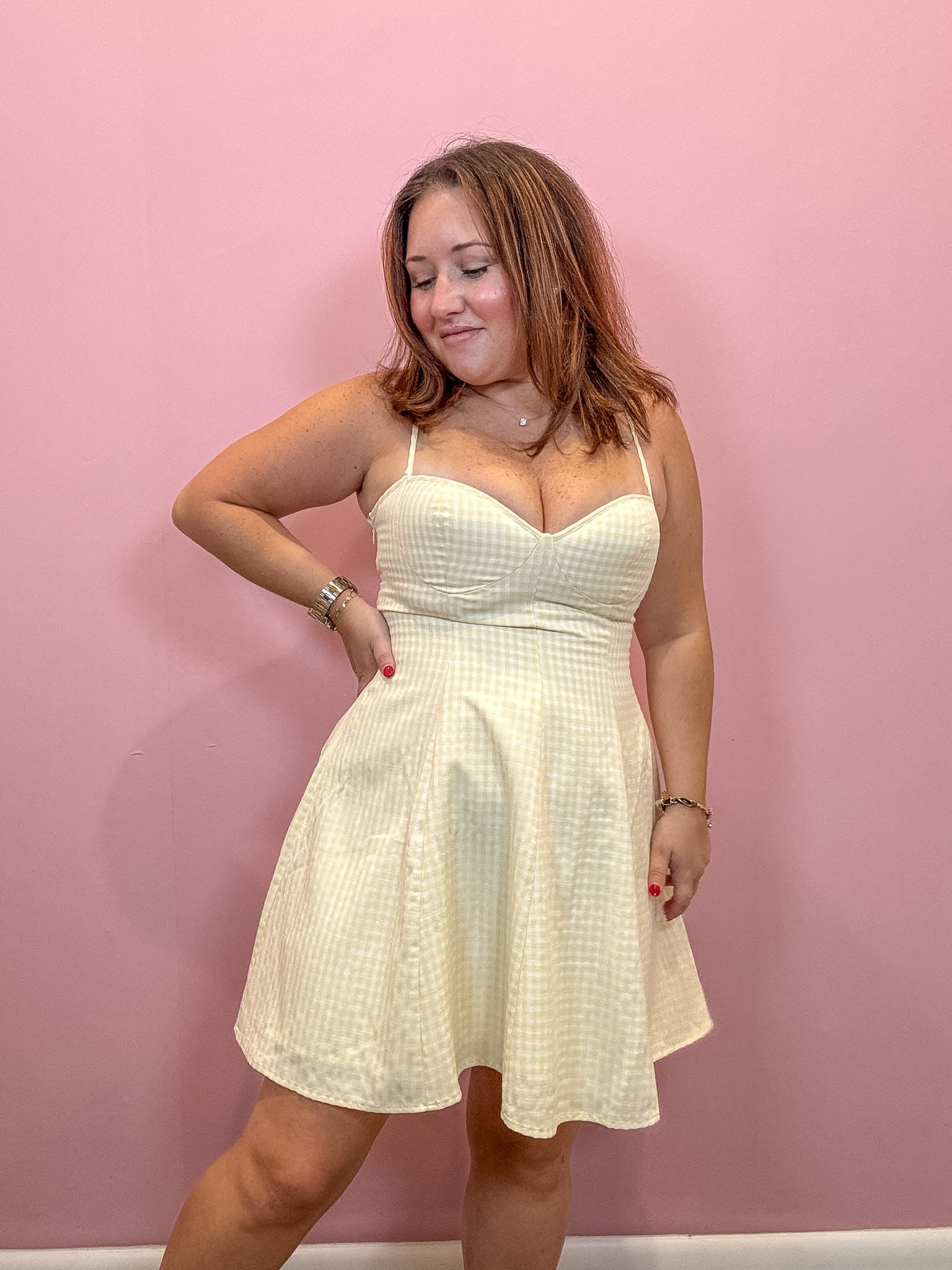 Woman wearing yellow Gingham Mini Dress