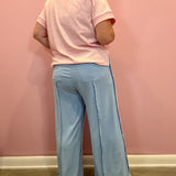 A person shown from the back wearing a light pink short-sleeve t-shirt and light blue wide-leg denim pants with side seam details, standing against a pink wall.