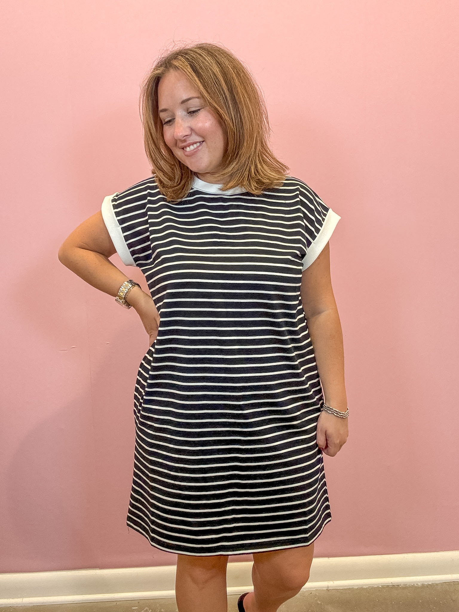 Striped Contrast T-shirts Dress | Black