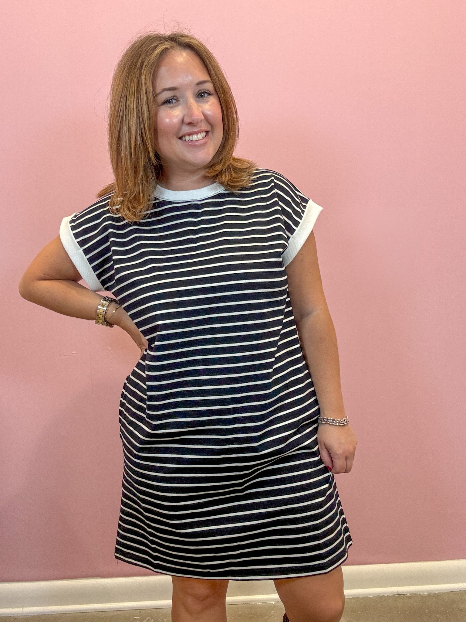 Striped Contrast T-shirts Dress | Black