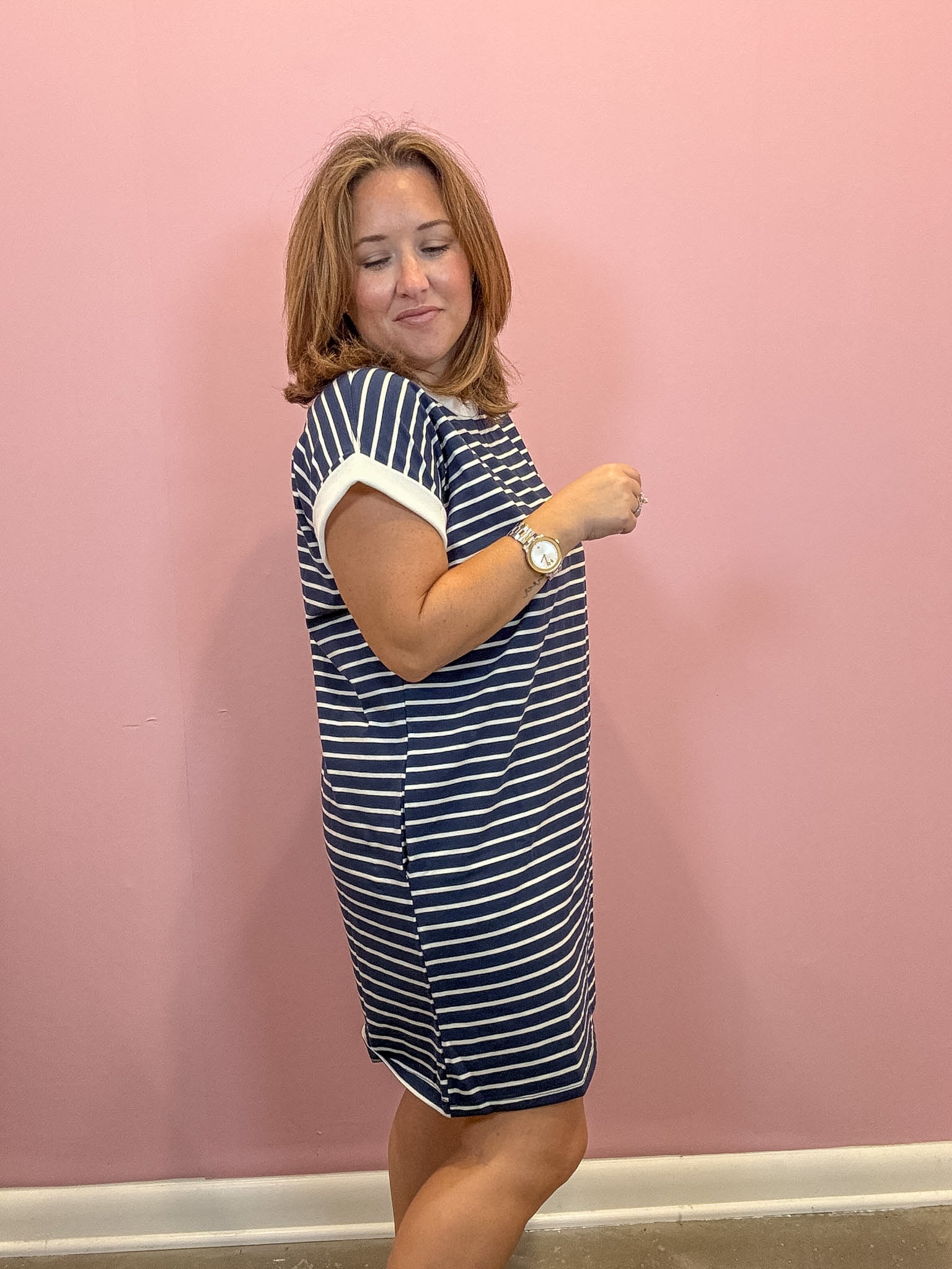 Striped Contrast T-shirts Dress | Navy Blue