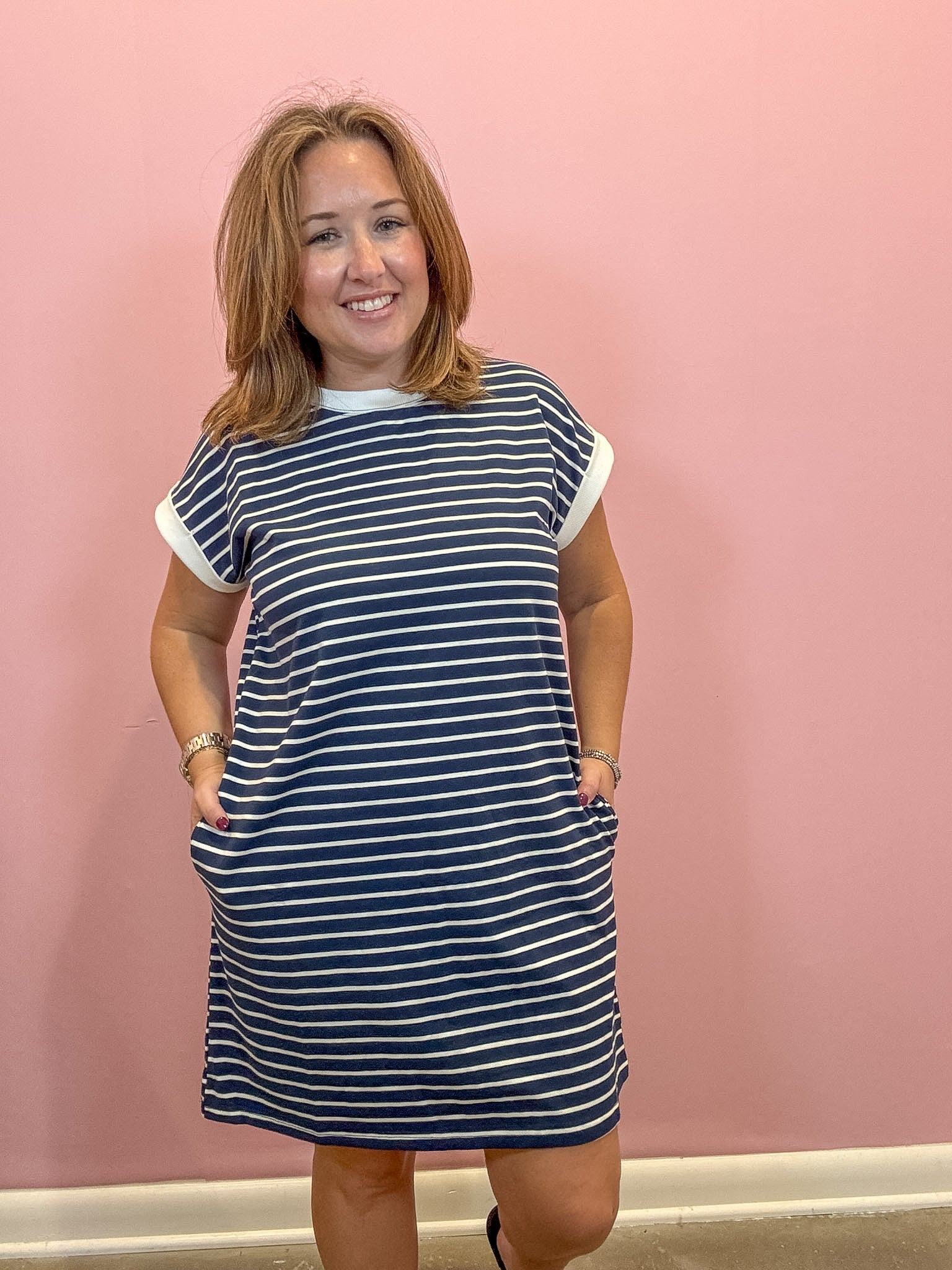 Striped Contrast T-shirts Dress | Navy Blue