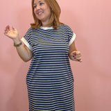 Striped Contrast T-shirts Dress | Navy Blue