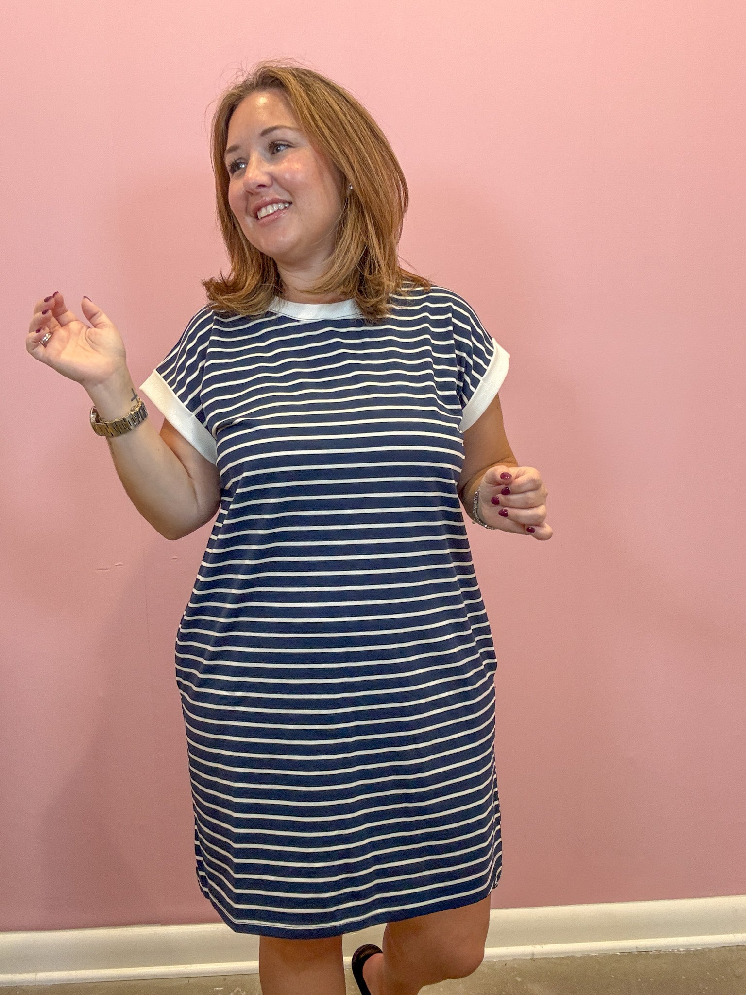 Striped Contrast T-shirts Dress | Navy Blue