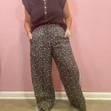 Black Tape Trim Accent Floral Pants