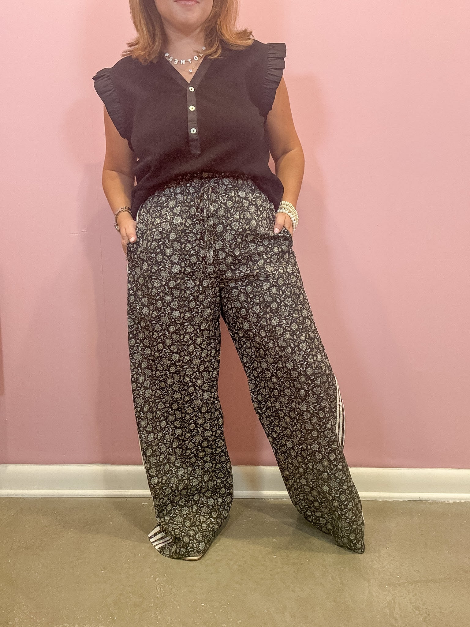 Black Tape Trim Accent Floral Pants
