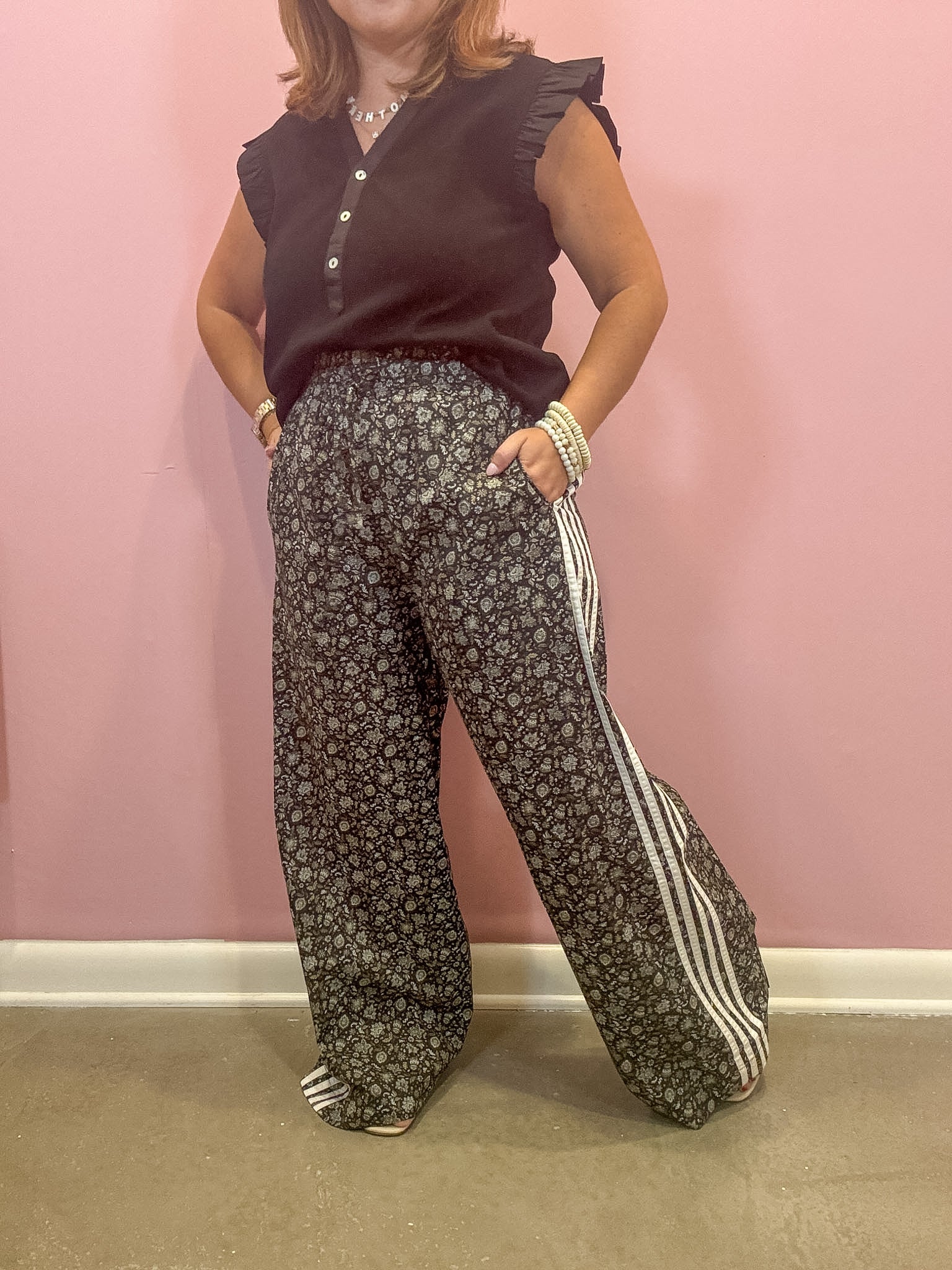 Black Tape Trim Accent Floral Pants
