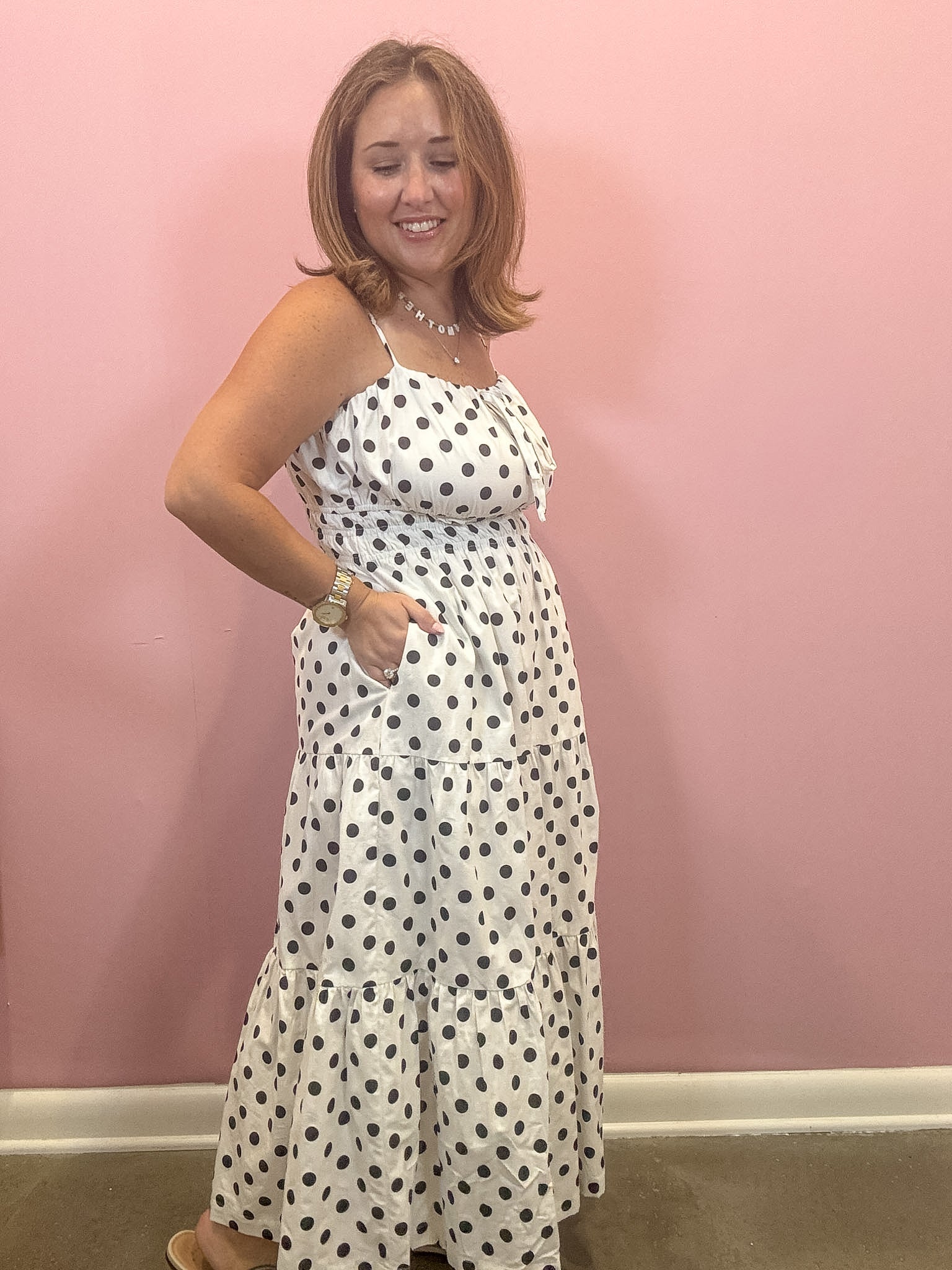 Black and White polka dot midi dress with pockets