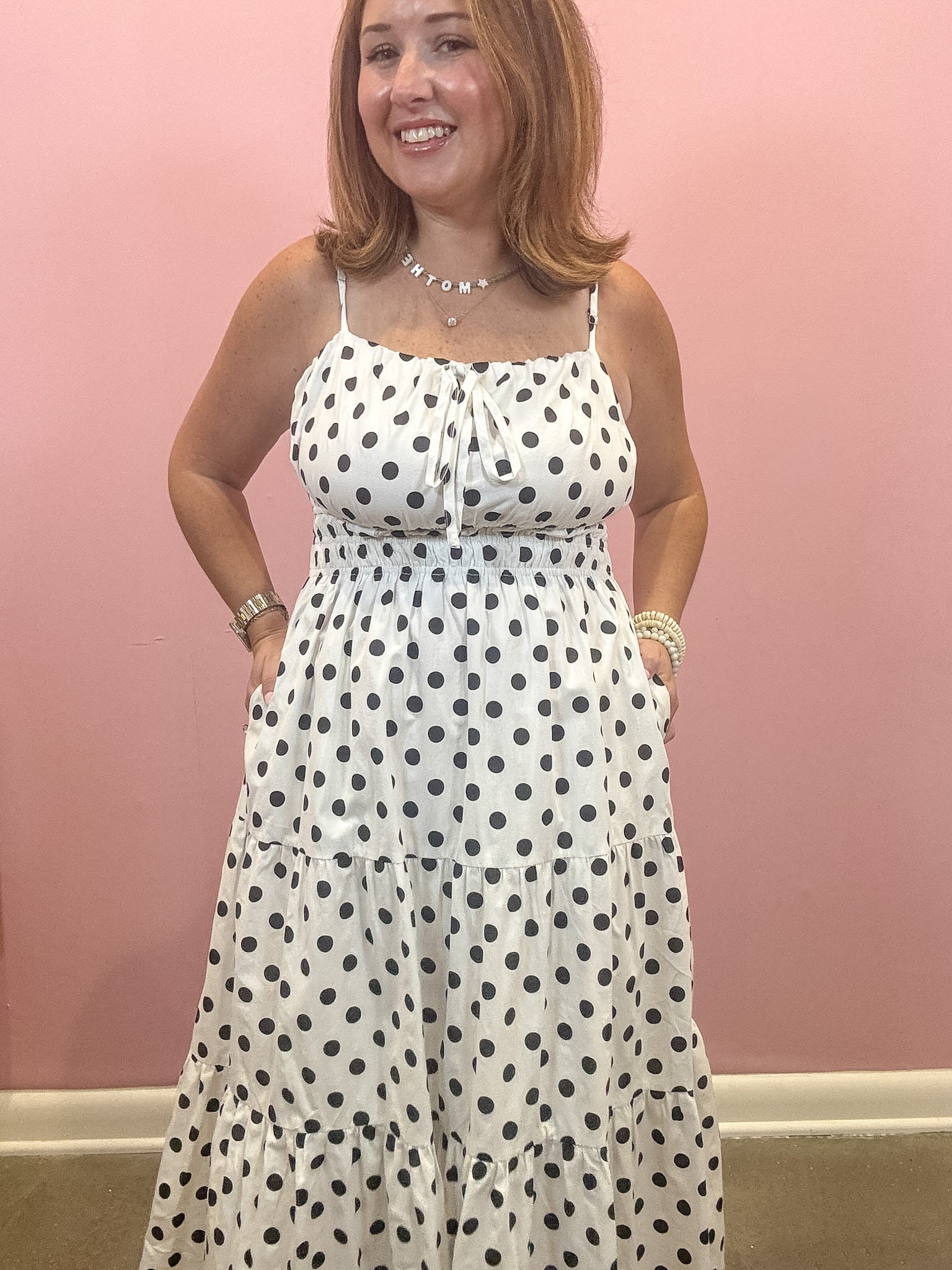 Black and white polka dot midi dress