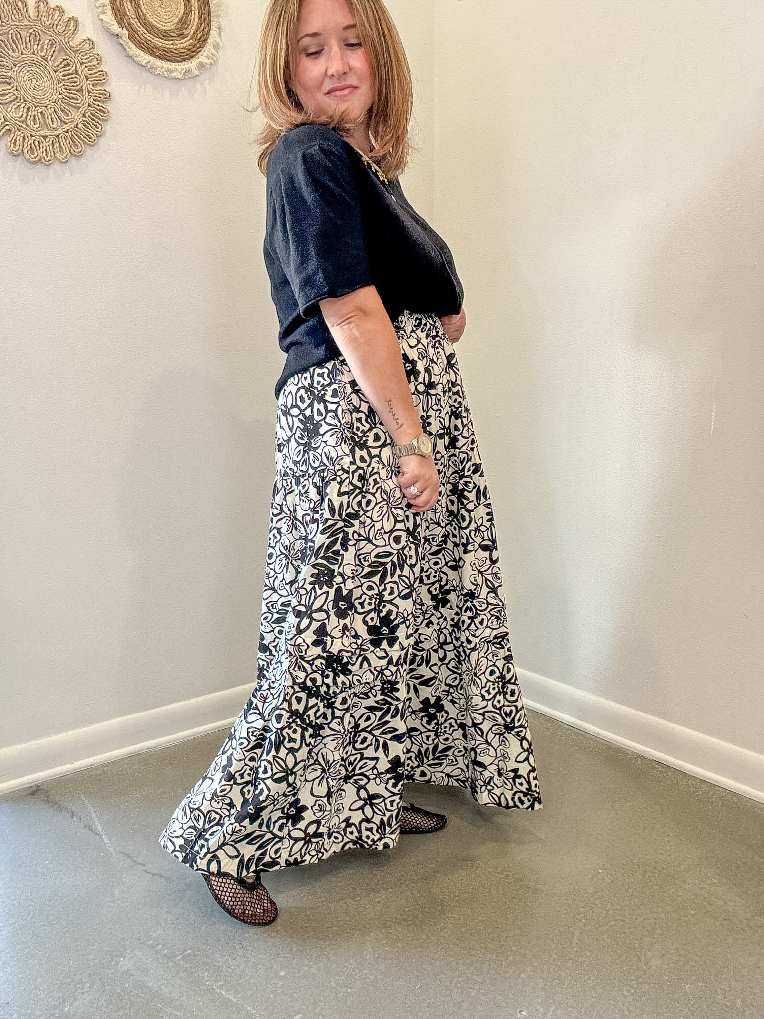 Black and White  Floral Midi Skirt