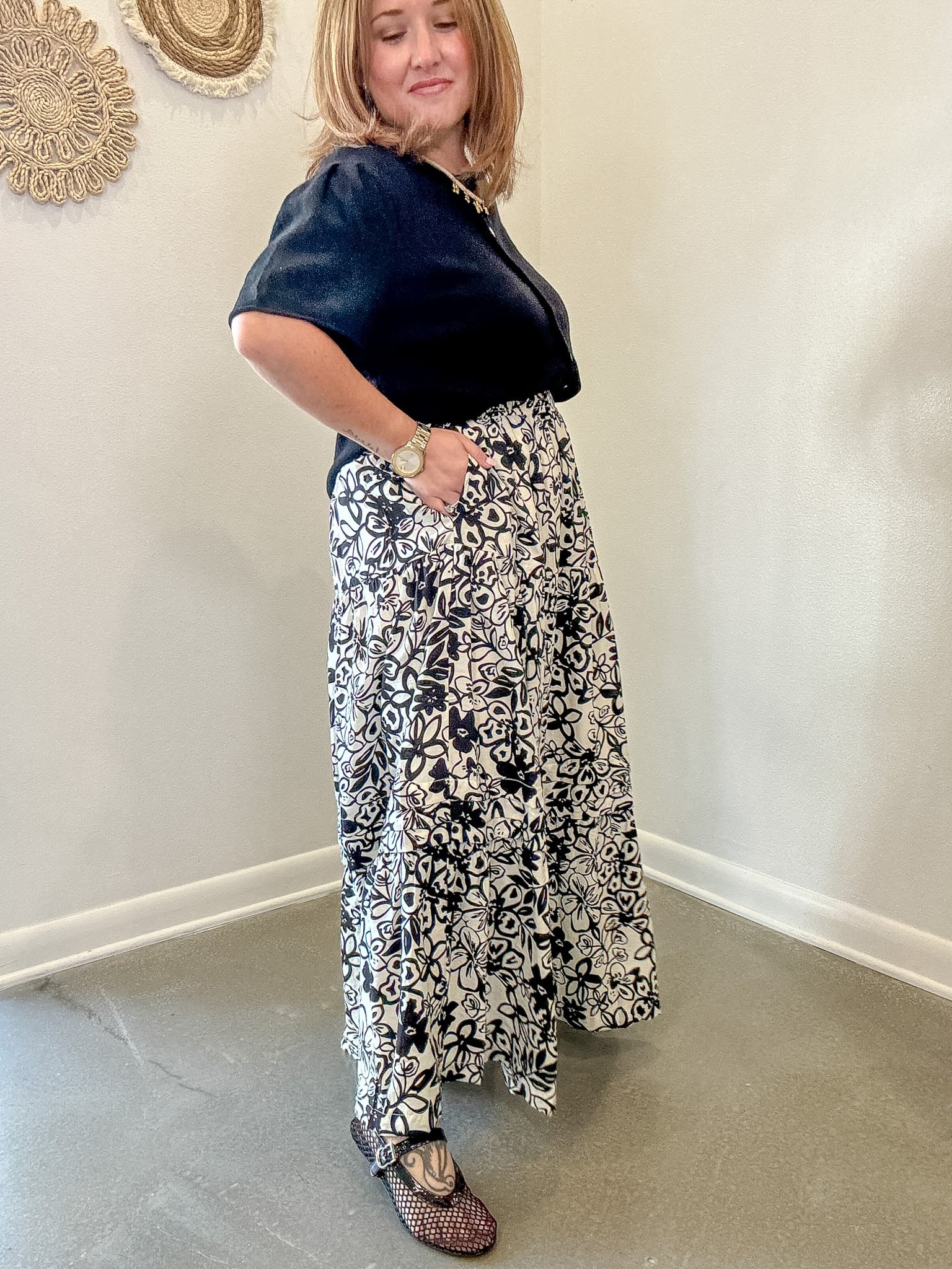 Black and White  Floral Midi Skirt