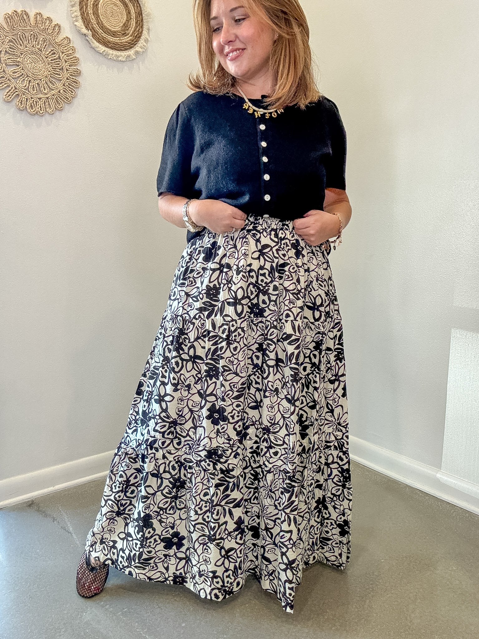 Black and White  Floral Midi Skirt