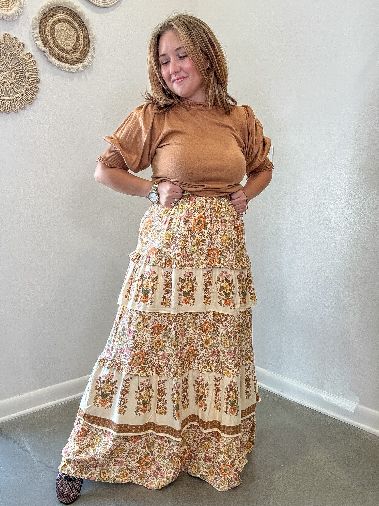Floral Ruffle Tiered Midi Skirt