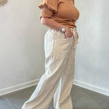 Taupe Striped Wide Leg Drawstring Pants
