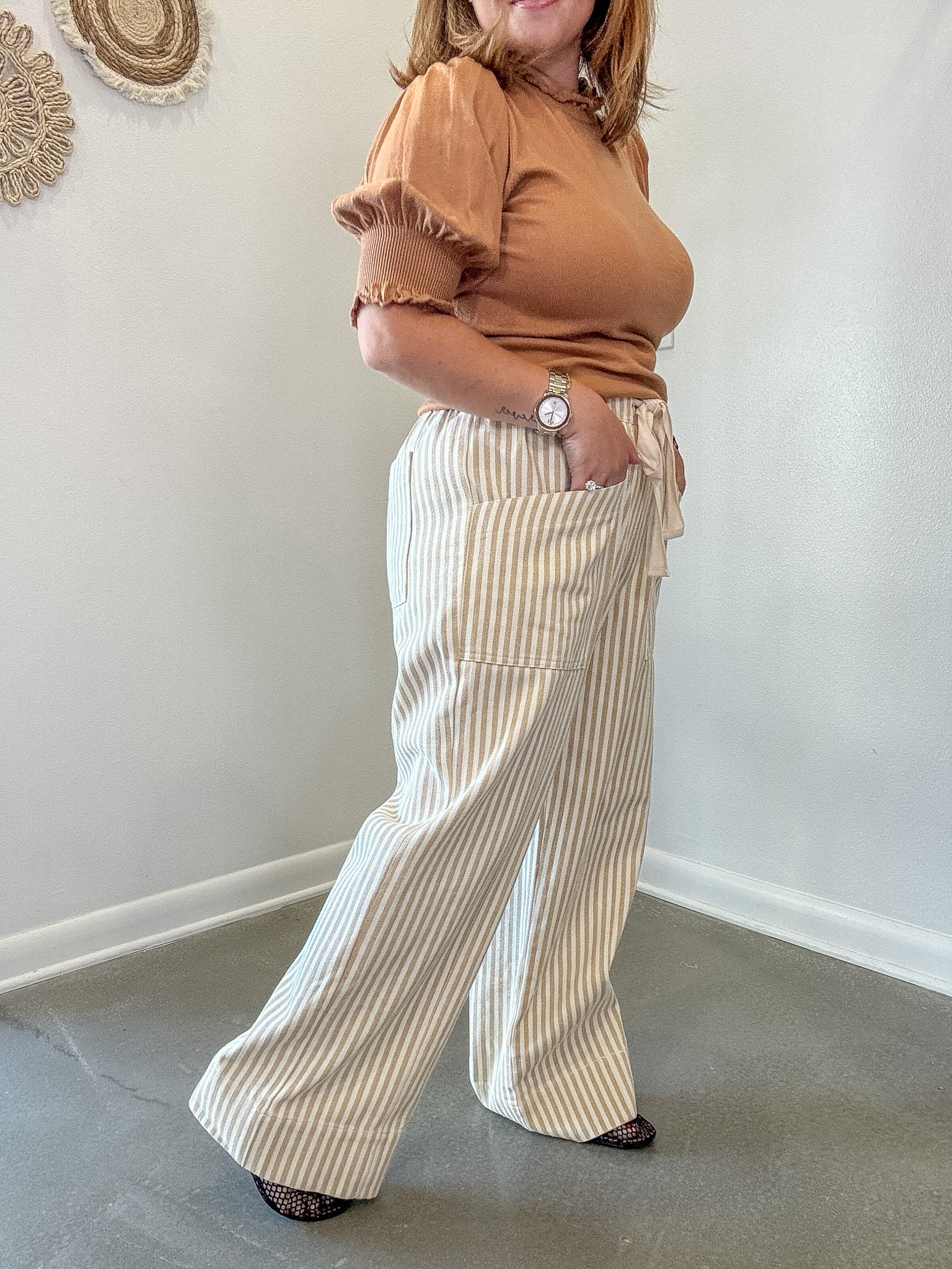 Taupe Striped Wide Leg Drawstring Pants
