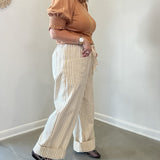 Taupe Striped Wide Leg Drawstring Pants