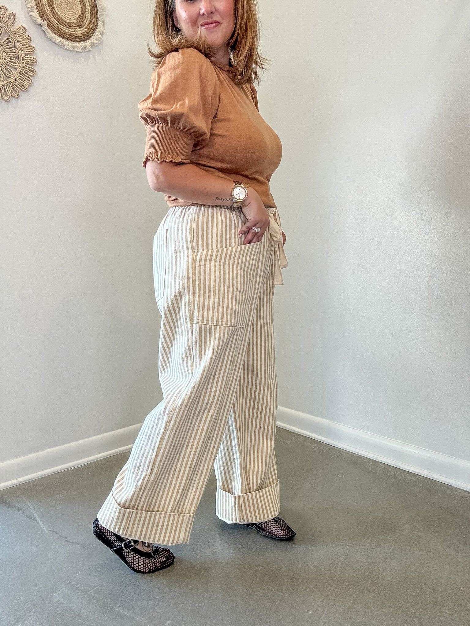 Taupe Striped Wide Leg Drawstring Pants