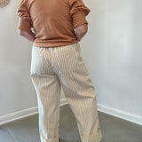 Taupe Striped Wide Leg Drawstring Pants