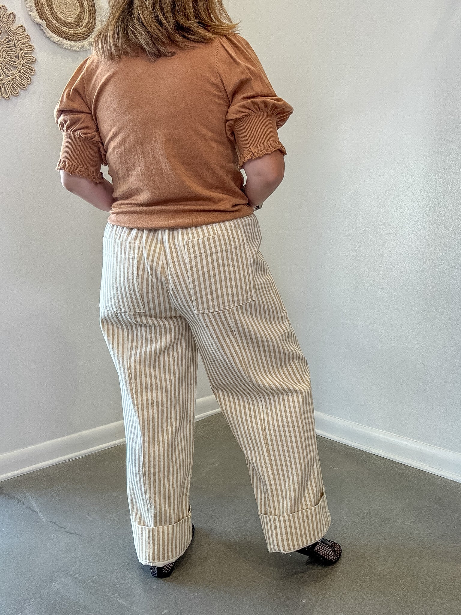 Taupe Striped Wide Leg Drawstring Pants