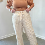 Taupe Striped Wide Leg Drawstring Pants