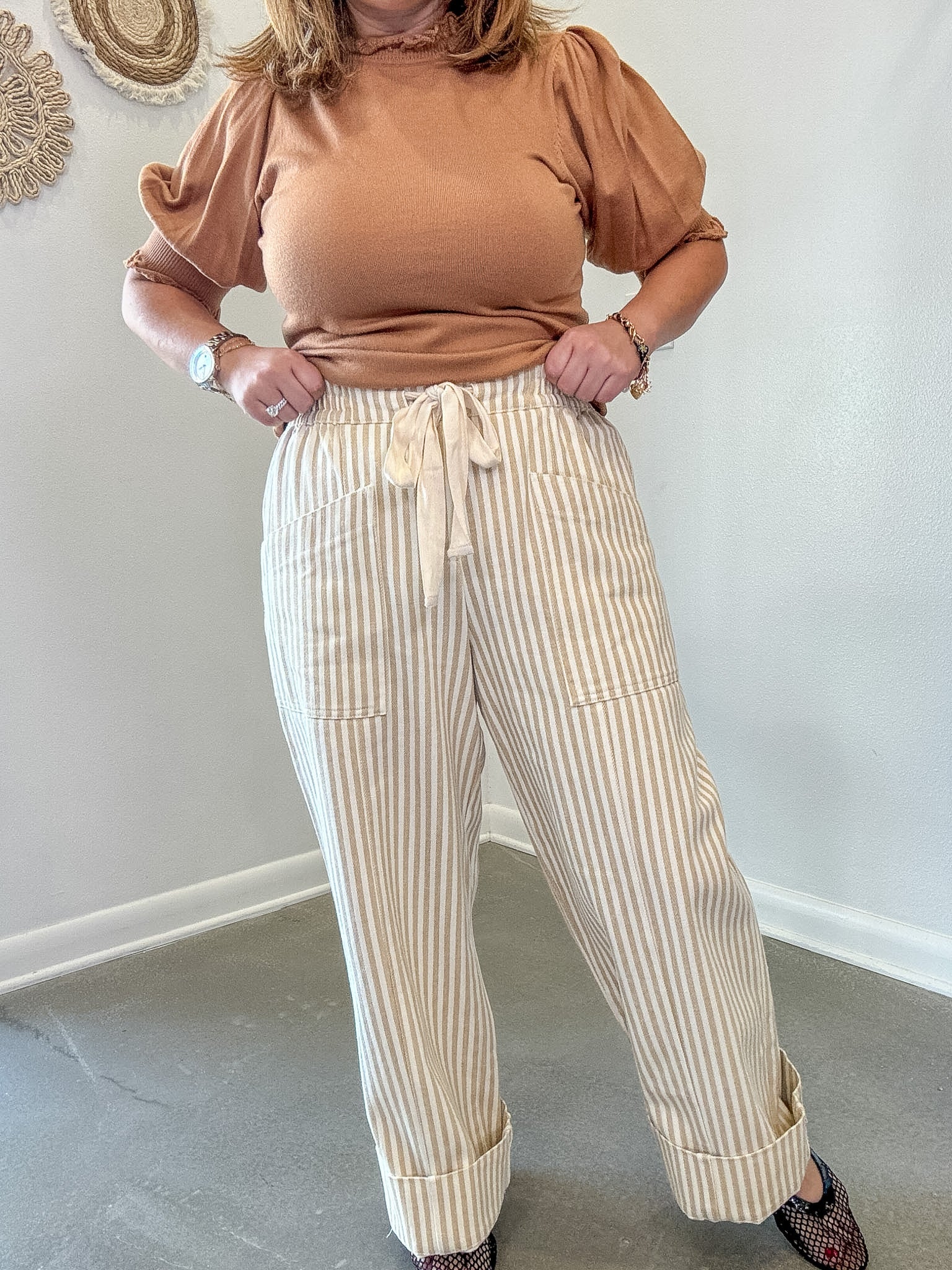 Taupe Striped Wide Leg Drawstring Pants