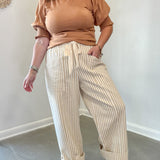 Taupe Striped Wide Leg Drawstring Pants