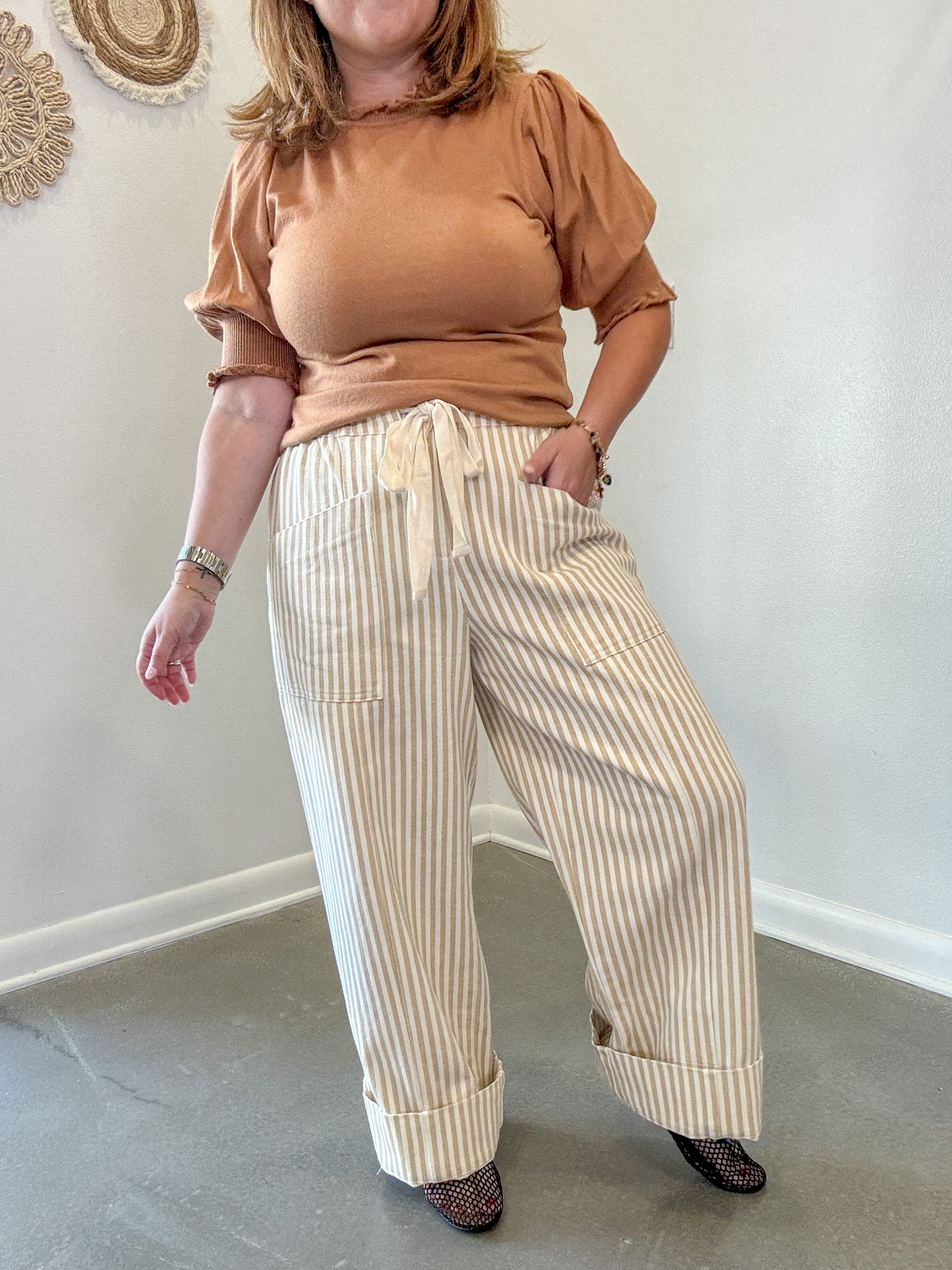 Taupe Striped Wide Leg Drawstring Pants