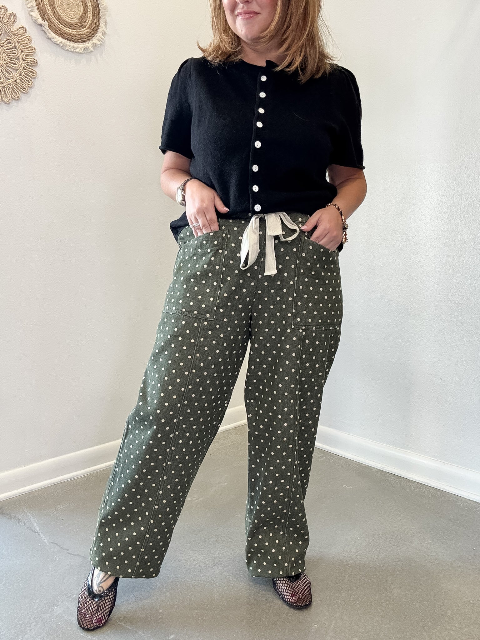 Moss Green Polka Dot Wide Leg Cropped Pants