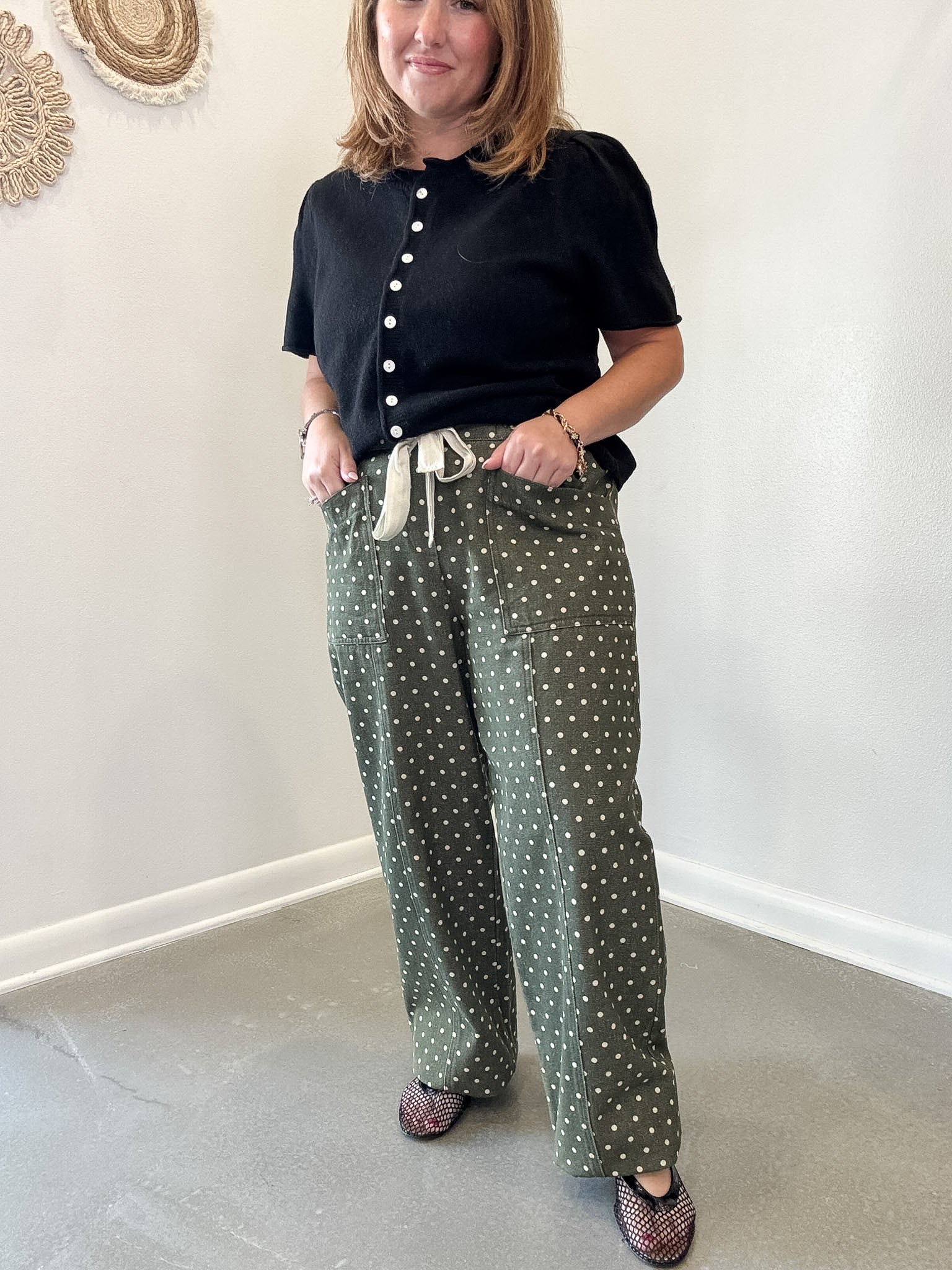 Moss Green Polka Dot Wide Leg Cropped Pants