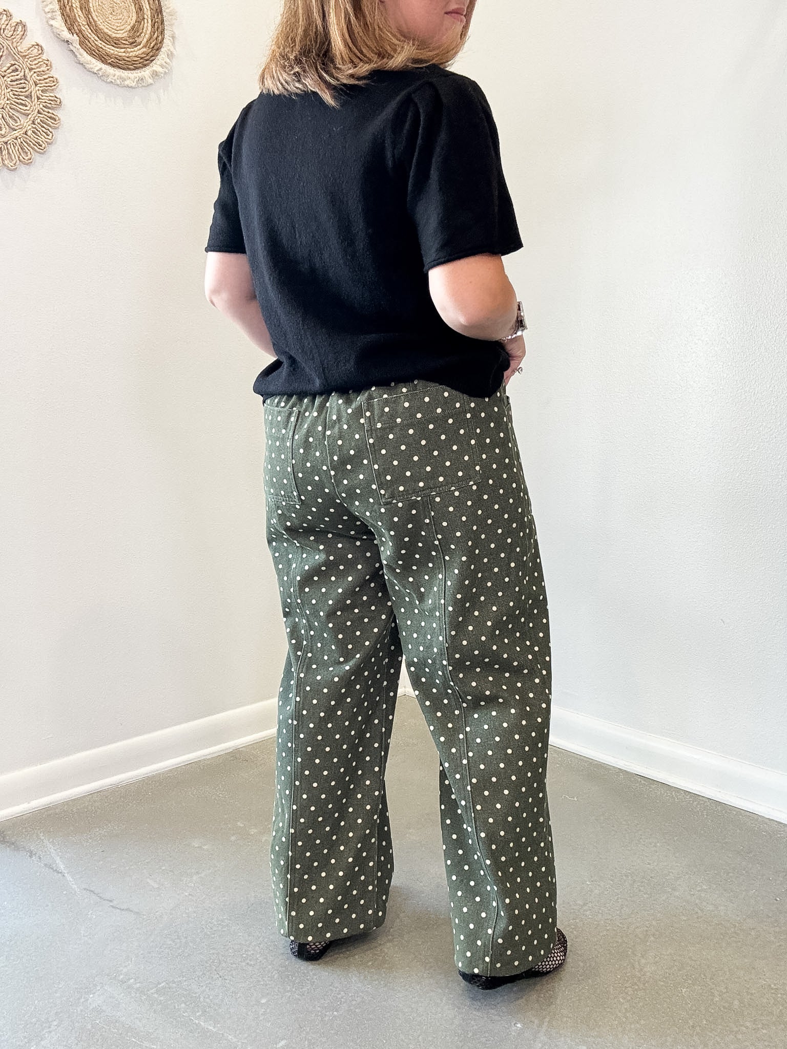 Moss Green Polka Dot Wide Leg Cropped Pants