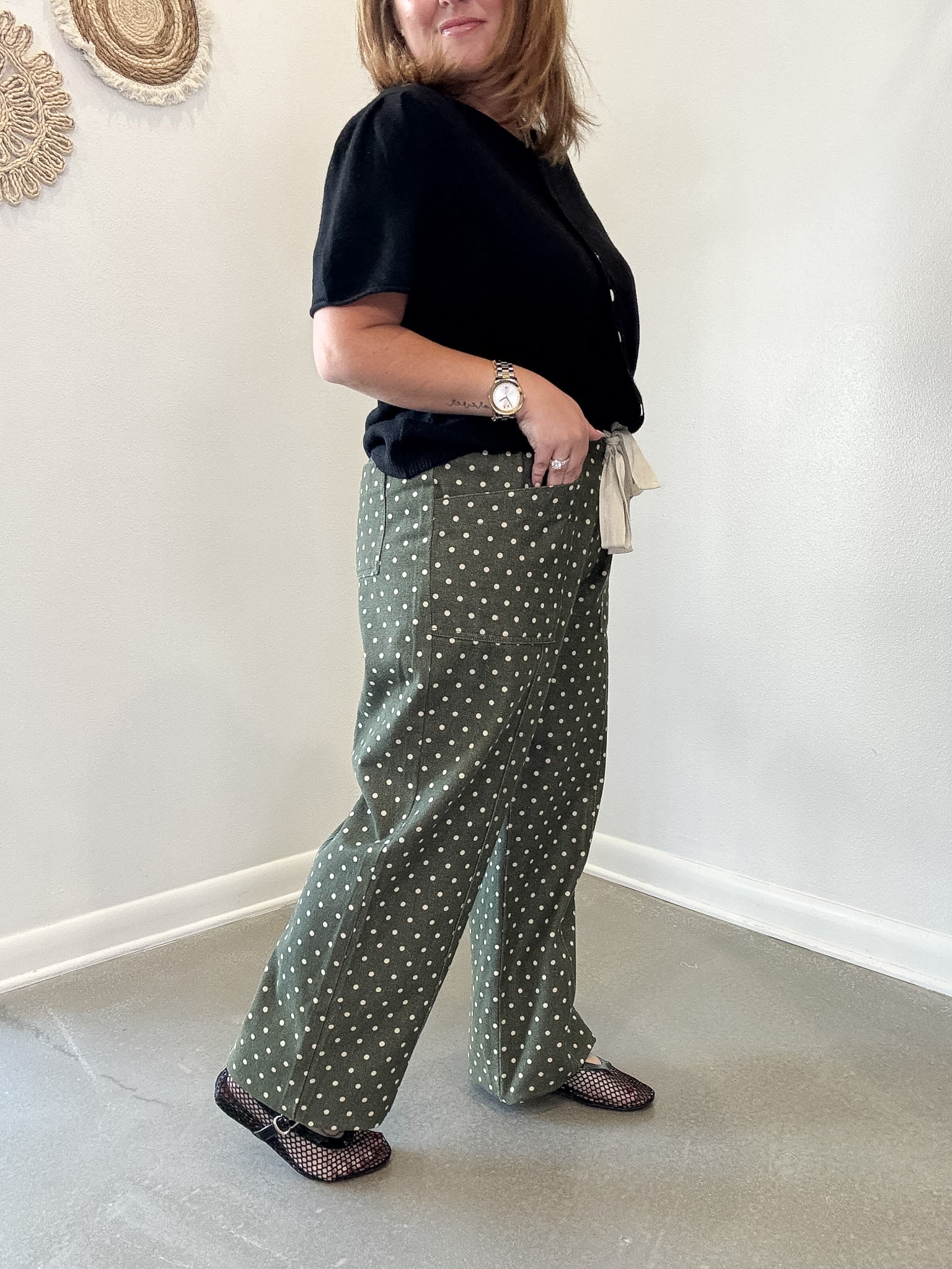 Moss Green Polka Dot Wide Leg Cropped Pants