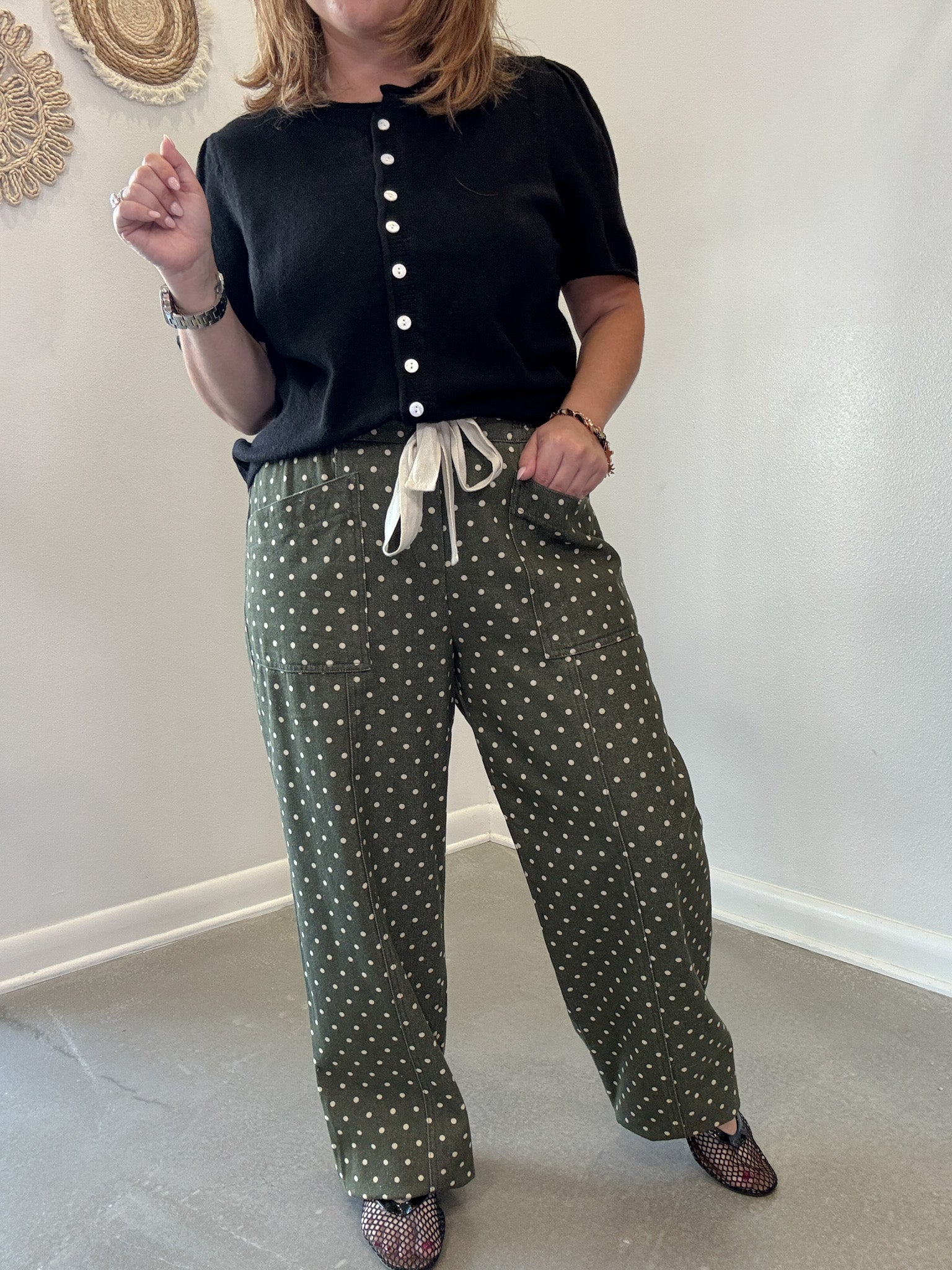 Moss Green Polka Dot Wide Leg Cropped Pants