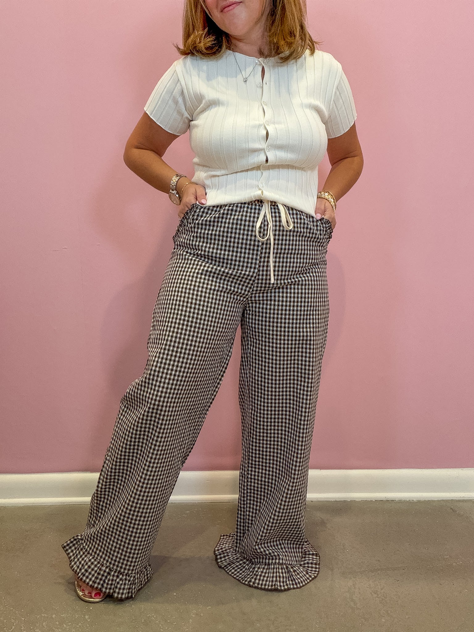 Gingham Ruffle Hem Wide Leg Pants