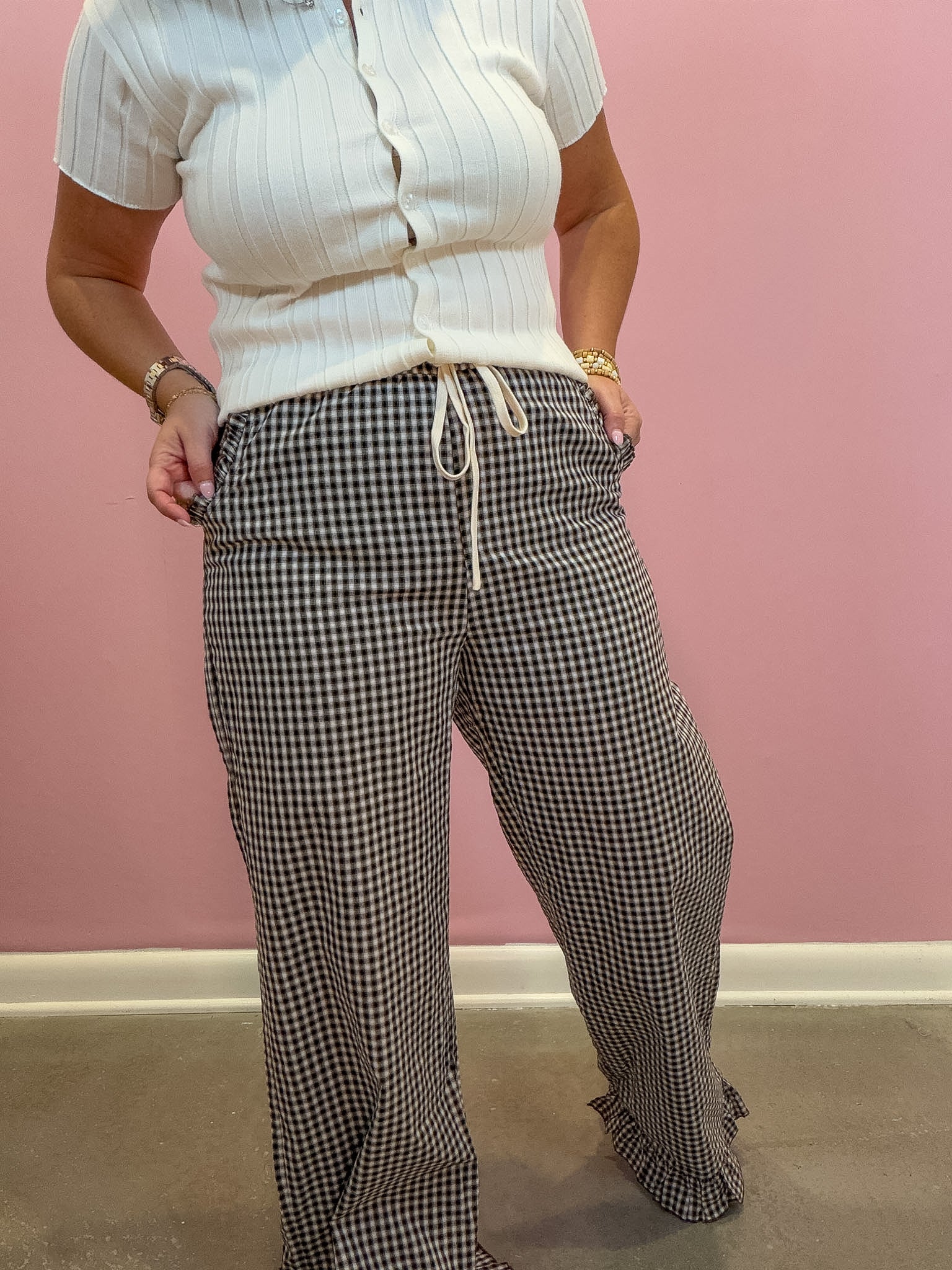 Gingham Ruffle Hem Wide Leg Pants