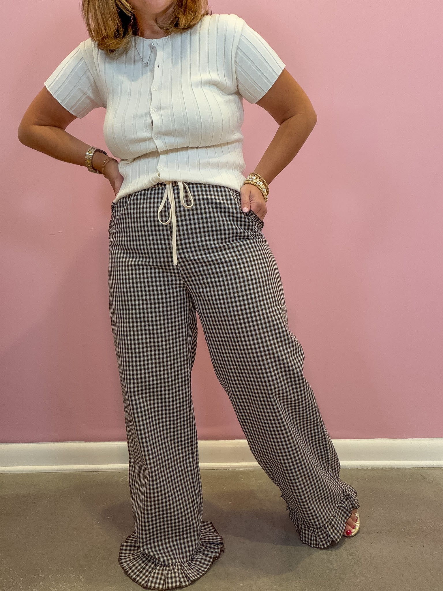 Gingham Ruffle Hem Wide Leg Pants