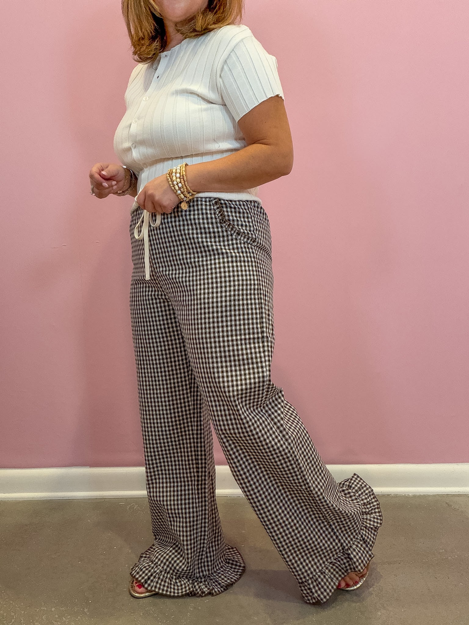 Gingham Ruffle Hem Wide Leg Pants