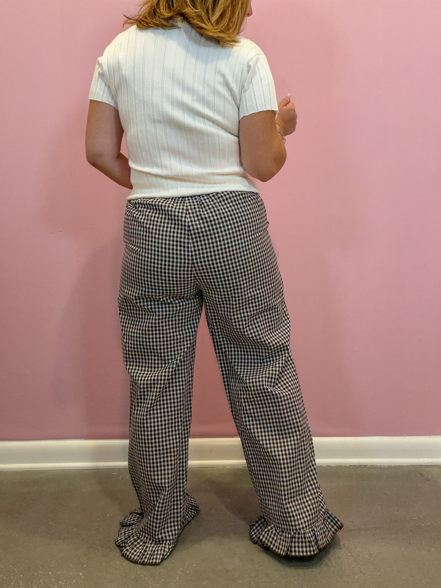 Gingham Ruffle Hem Wide Leg Pants