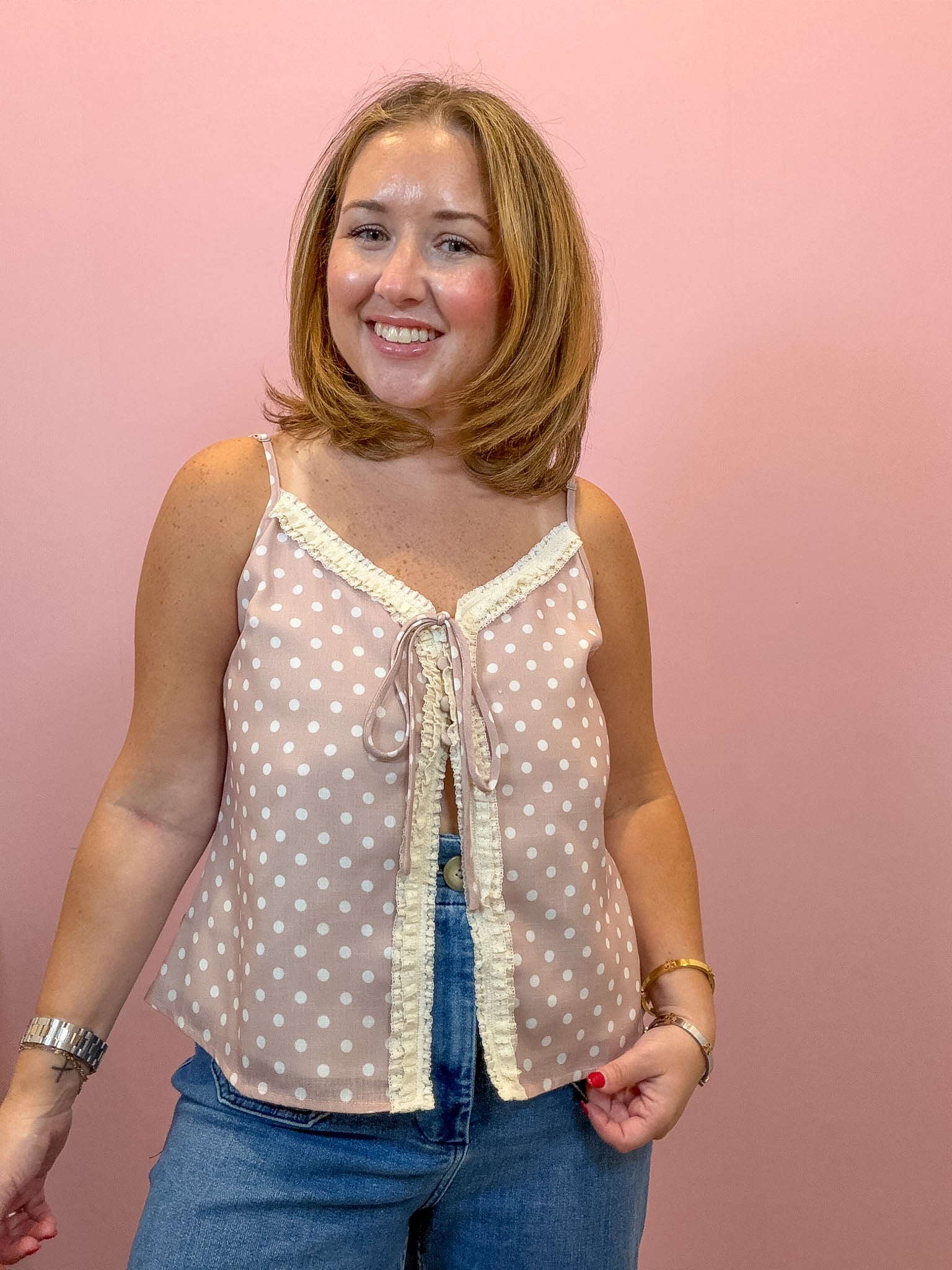  Polka Dot Lace Trim Cami Top