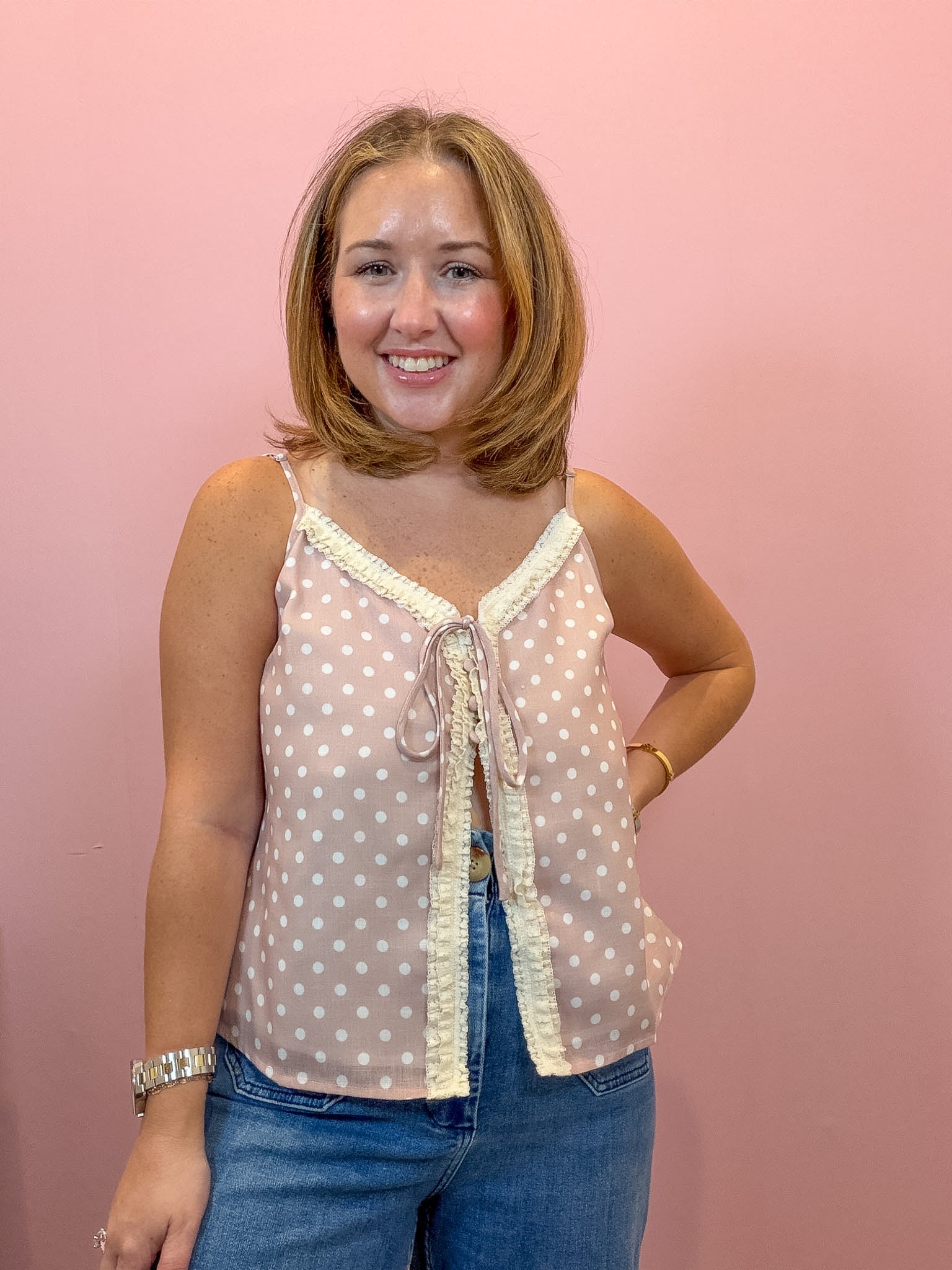  Polka Dot Lace Trim Cami Top